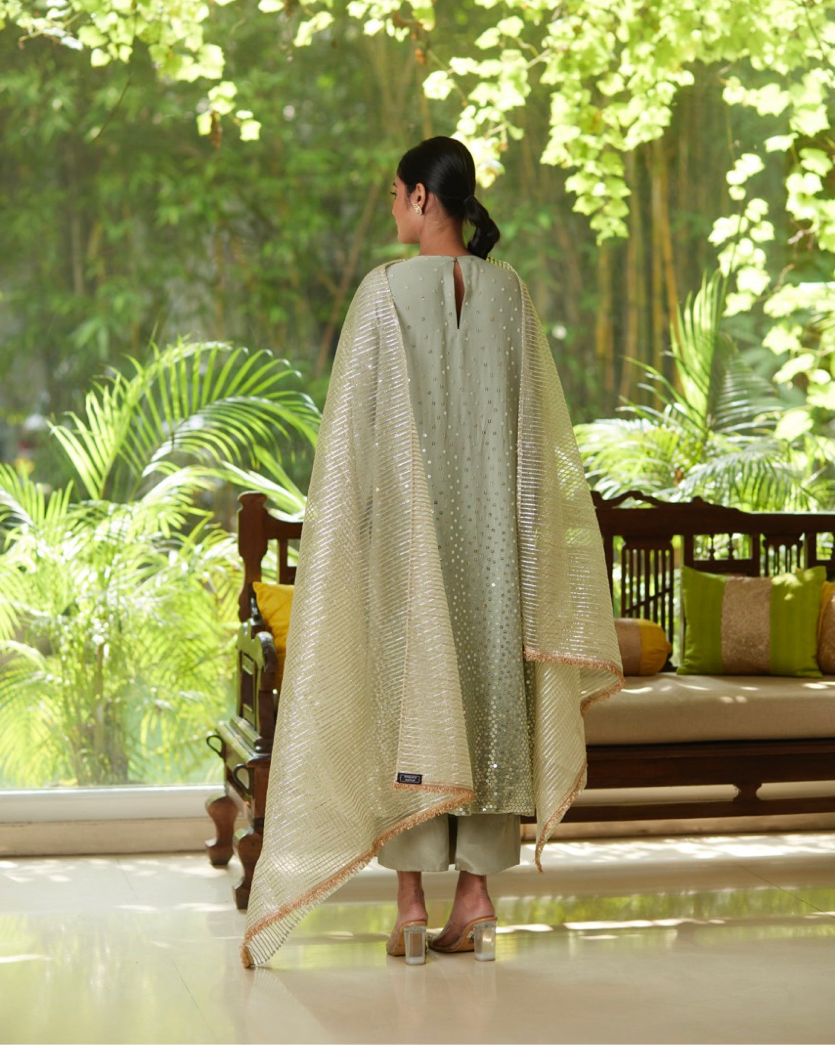 Mayura Kumar sequin stardust kurta set in mint, gold and silver, close-up detail