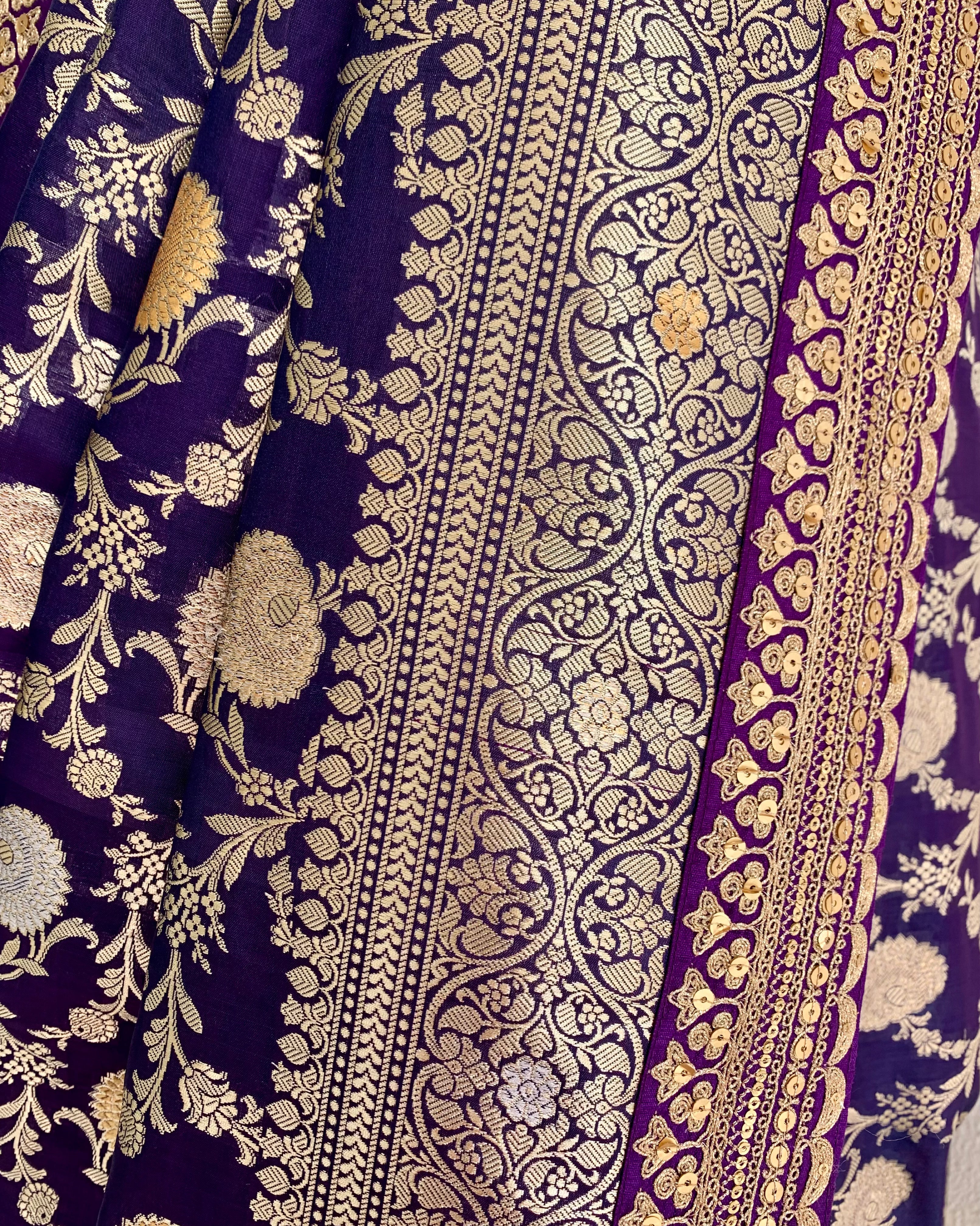 Mayura Kumar Banarasi saree in purple, gold and silver, detail view