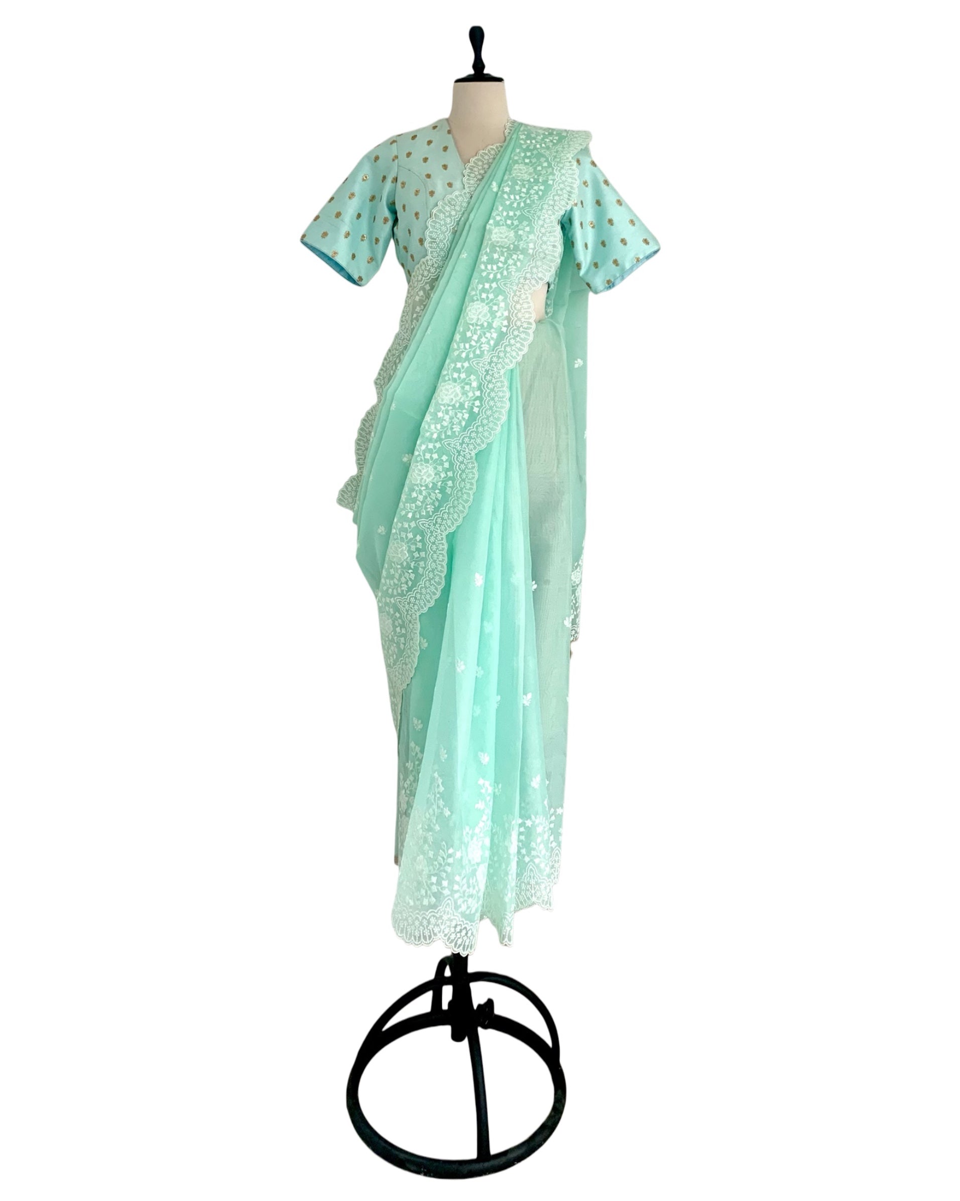 Saree Chikankari - Aquamarine /Ivory /Gold