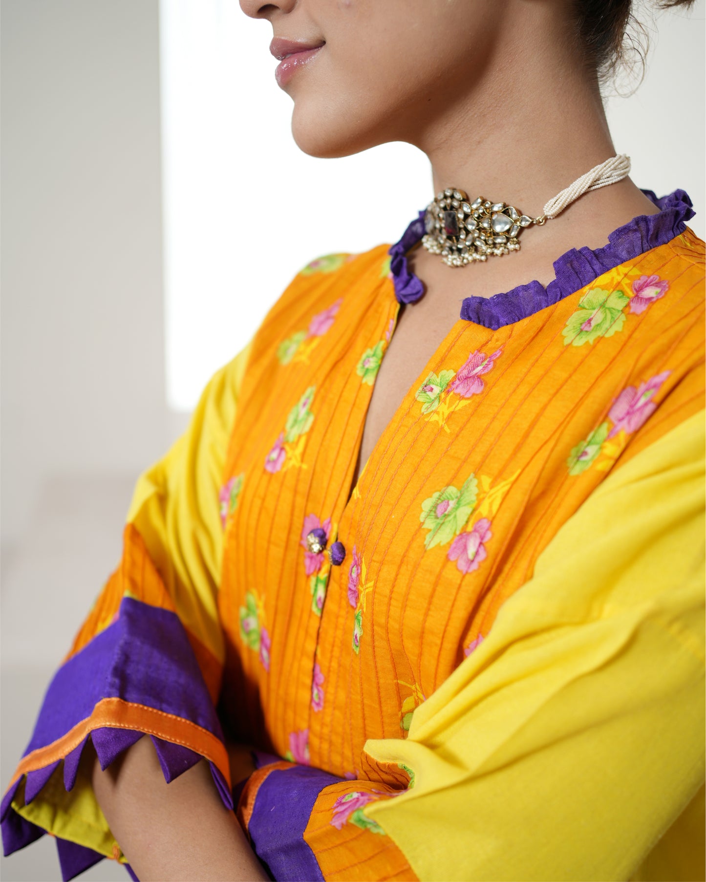 Kurta Set Floral Banarasi - Yellow / Orange / Purple / Ivory