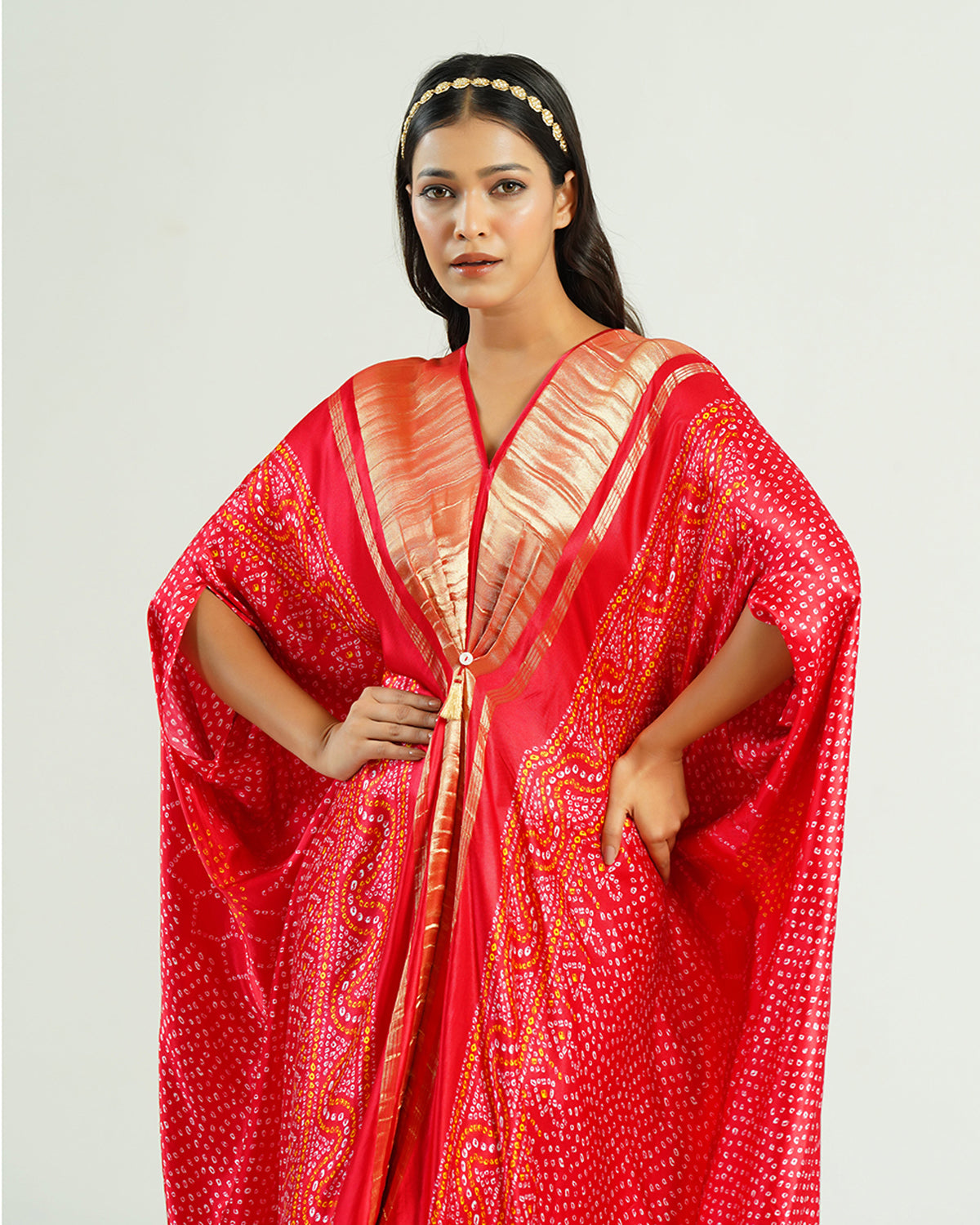 Kaftan Bandhej - Red / Gold