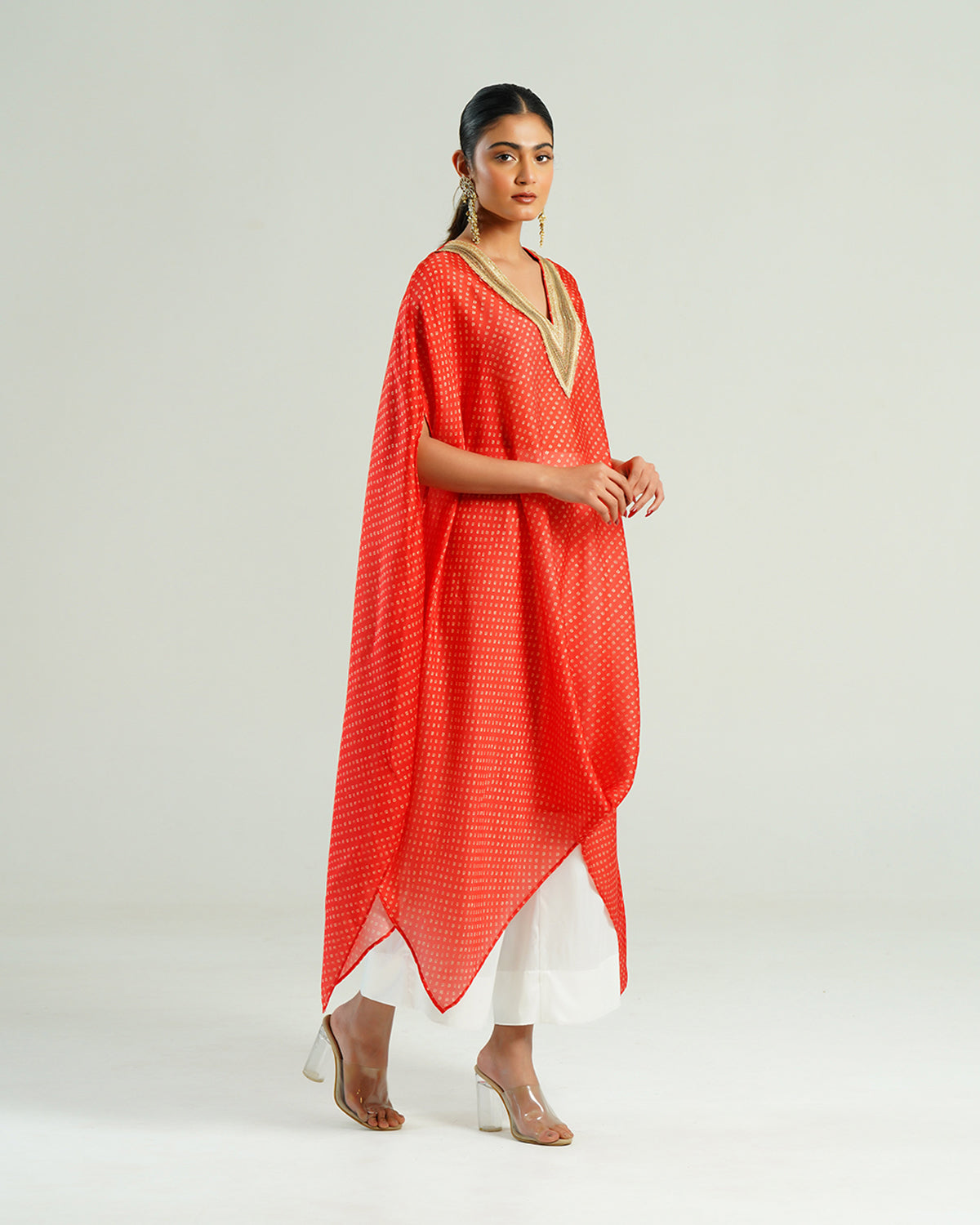 Kurta Set Bandhej - Red /Ivory / Gold