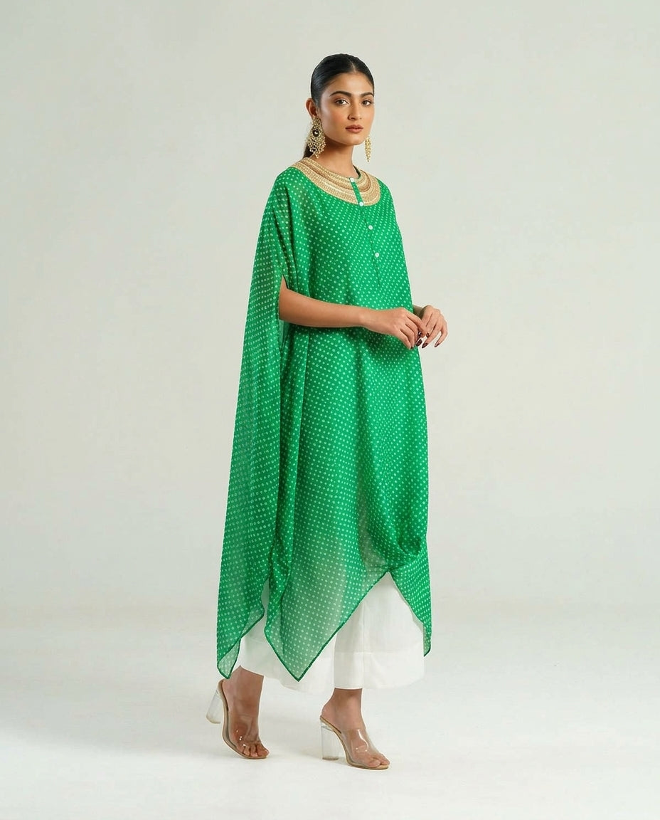 Kurta Set Bandhej - Parrot Green / Ivory / Gold