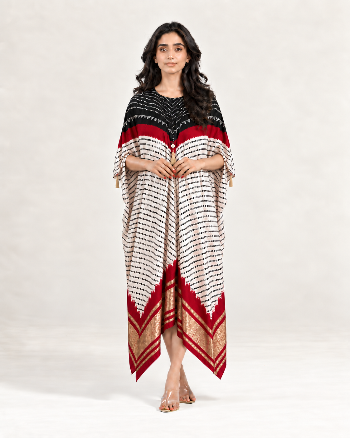 Kaftan Bandhej - Black / Burgundy / Ivory Base
