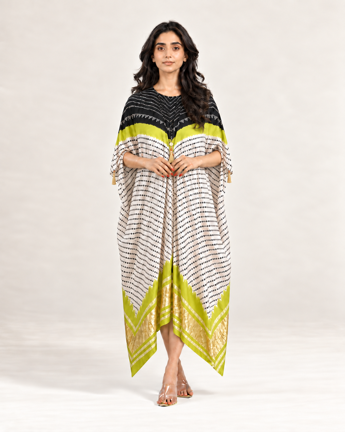 Kaftan Bandhej - Black / Lime Green / Ivory Base