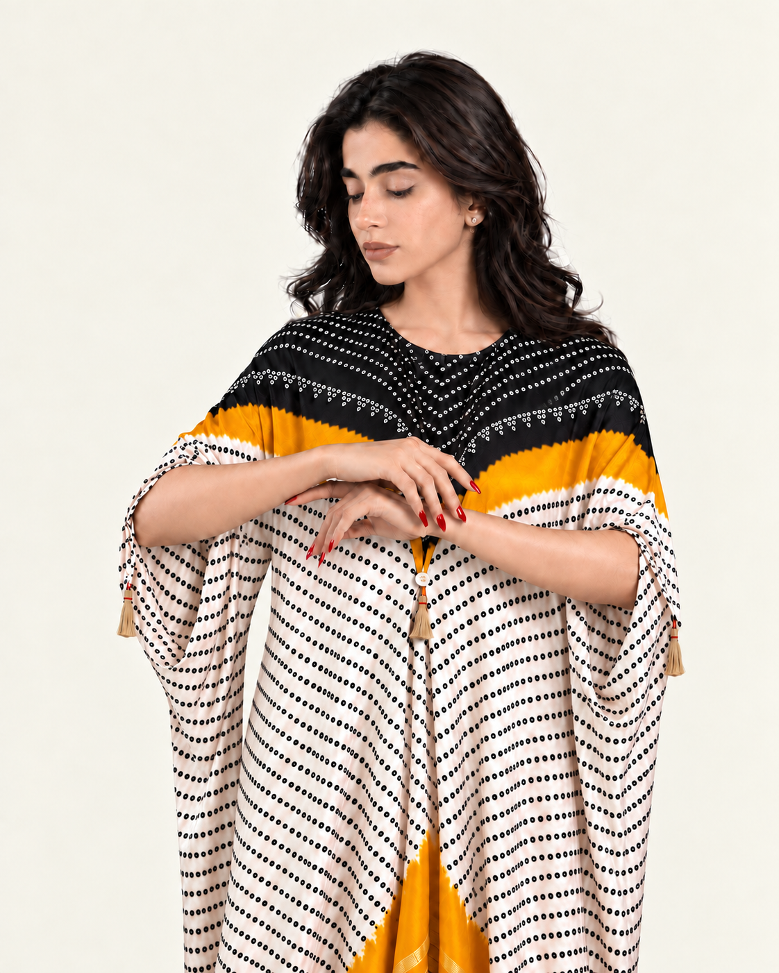 Kaftan Bandhej - Black / Mango / Ivory Base