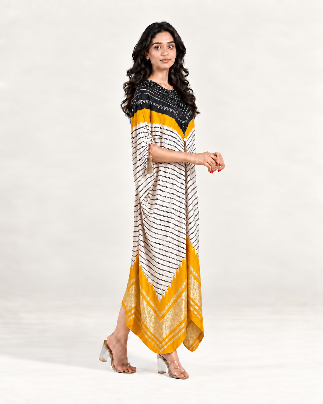 Kaftan Bandhej - Black / Mango / Ivory Base