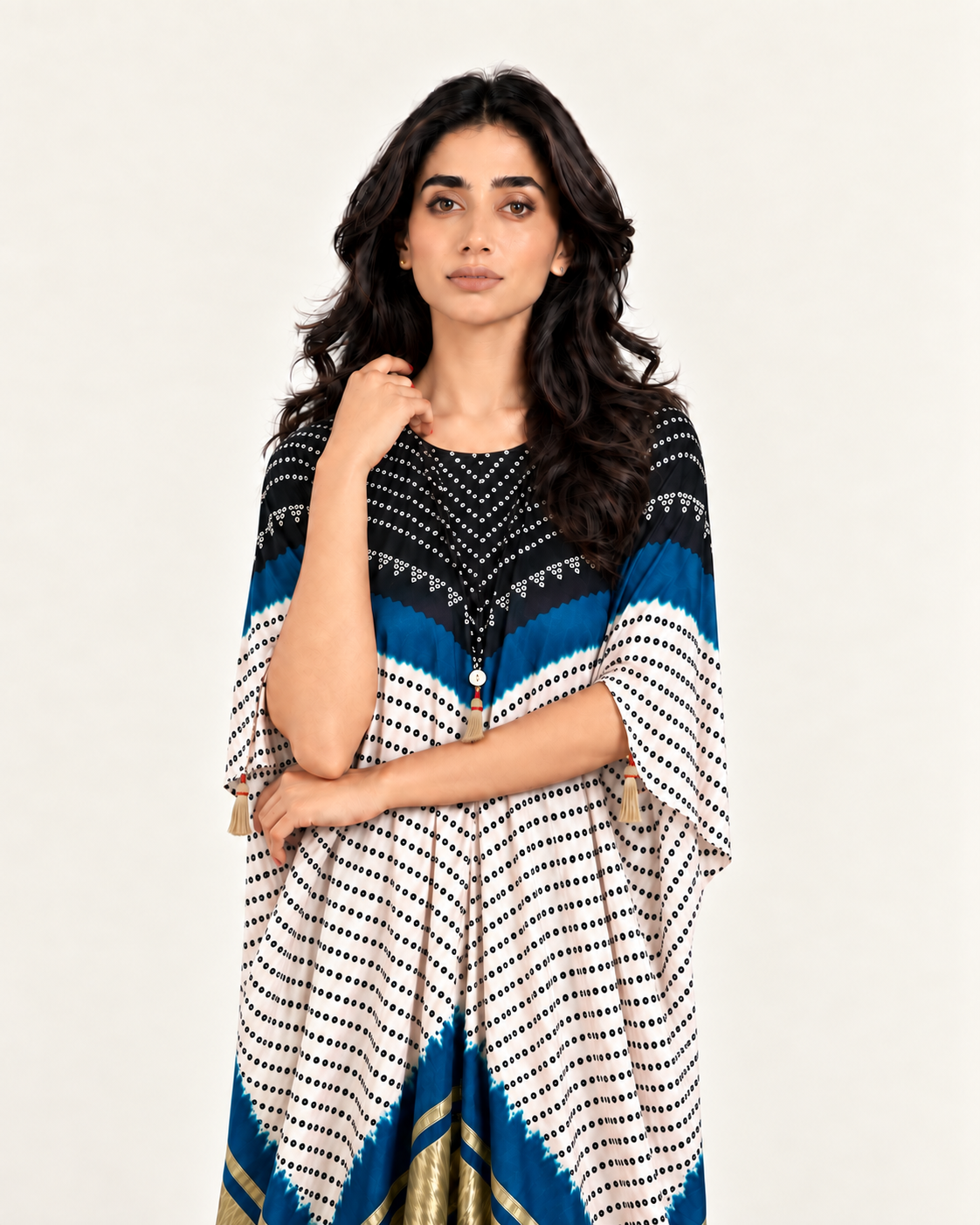 Kaftan Bandhej - Black / Teal Blue / Ivory Base