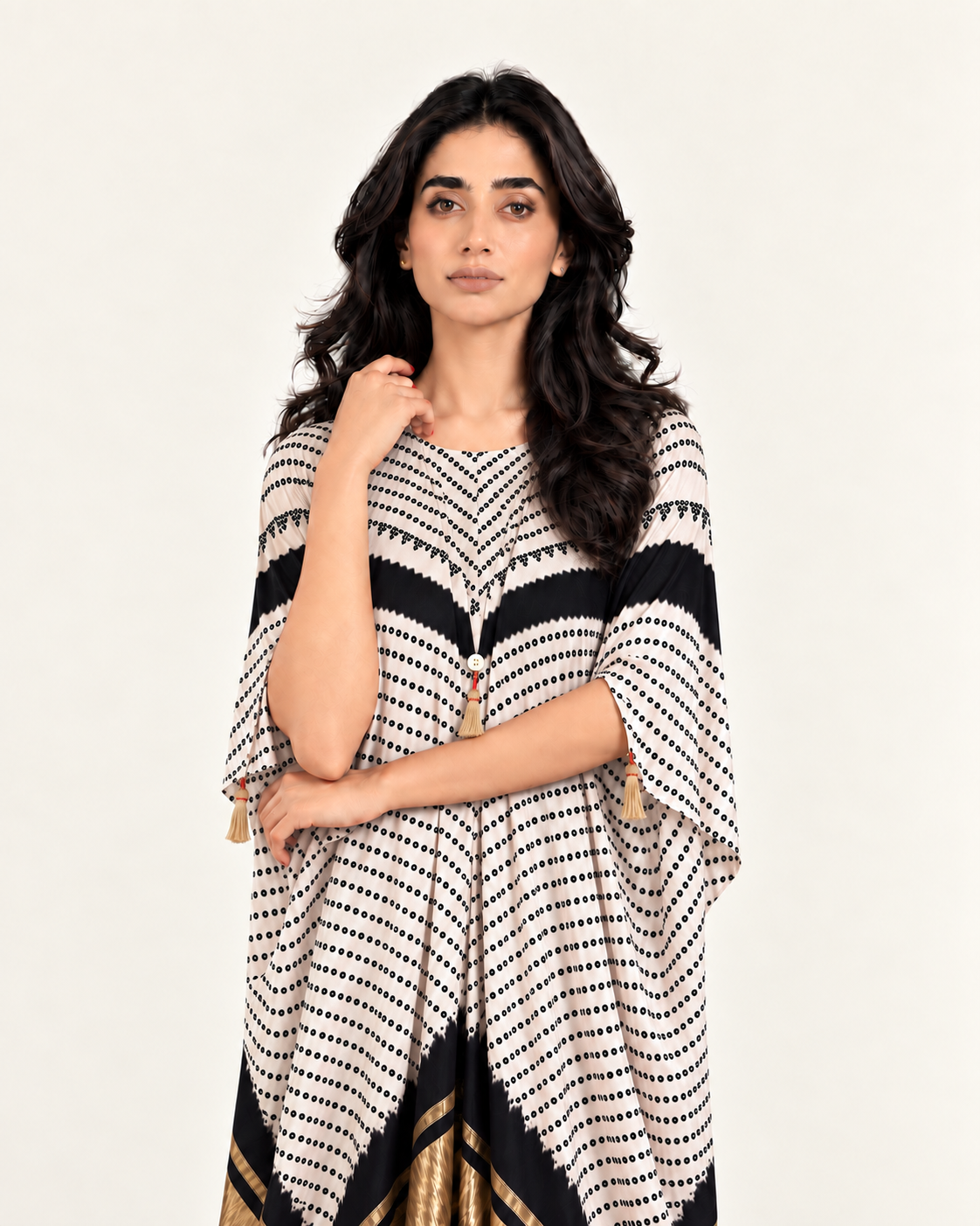 Kaftan Bandhej - Ivory / Black / Ivory Base