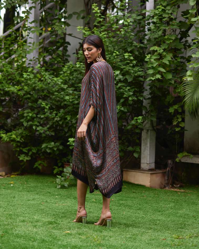 Mayura Kumar Ajrakh kaftan in black and indigo, styled view
