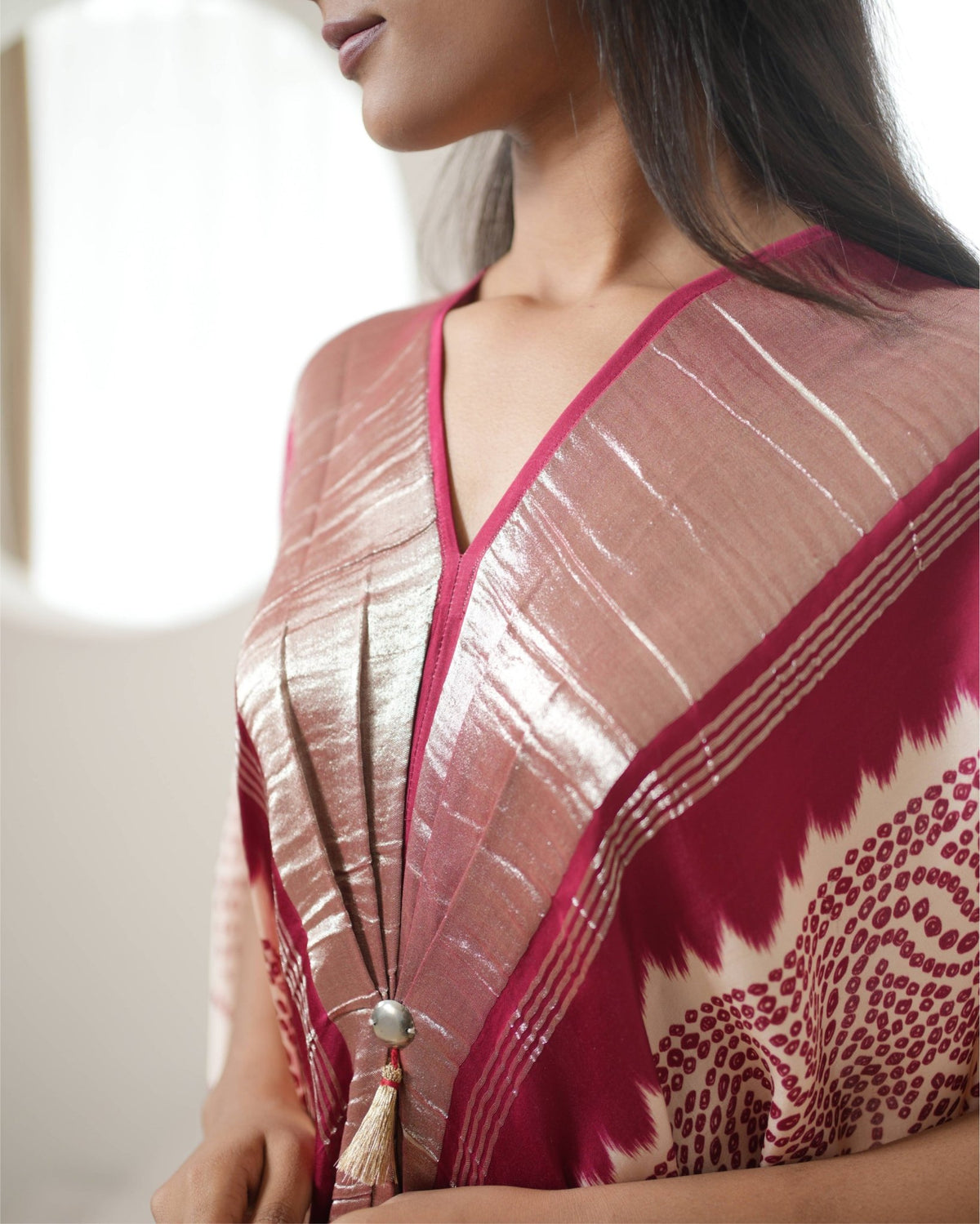Kaftan Bandhej - Ivory / Red / Gold - Mayura Kumar