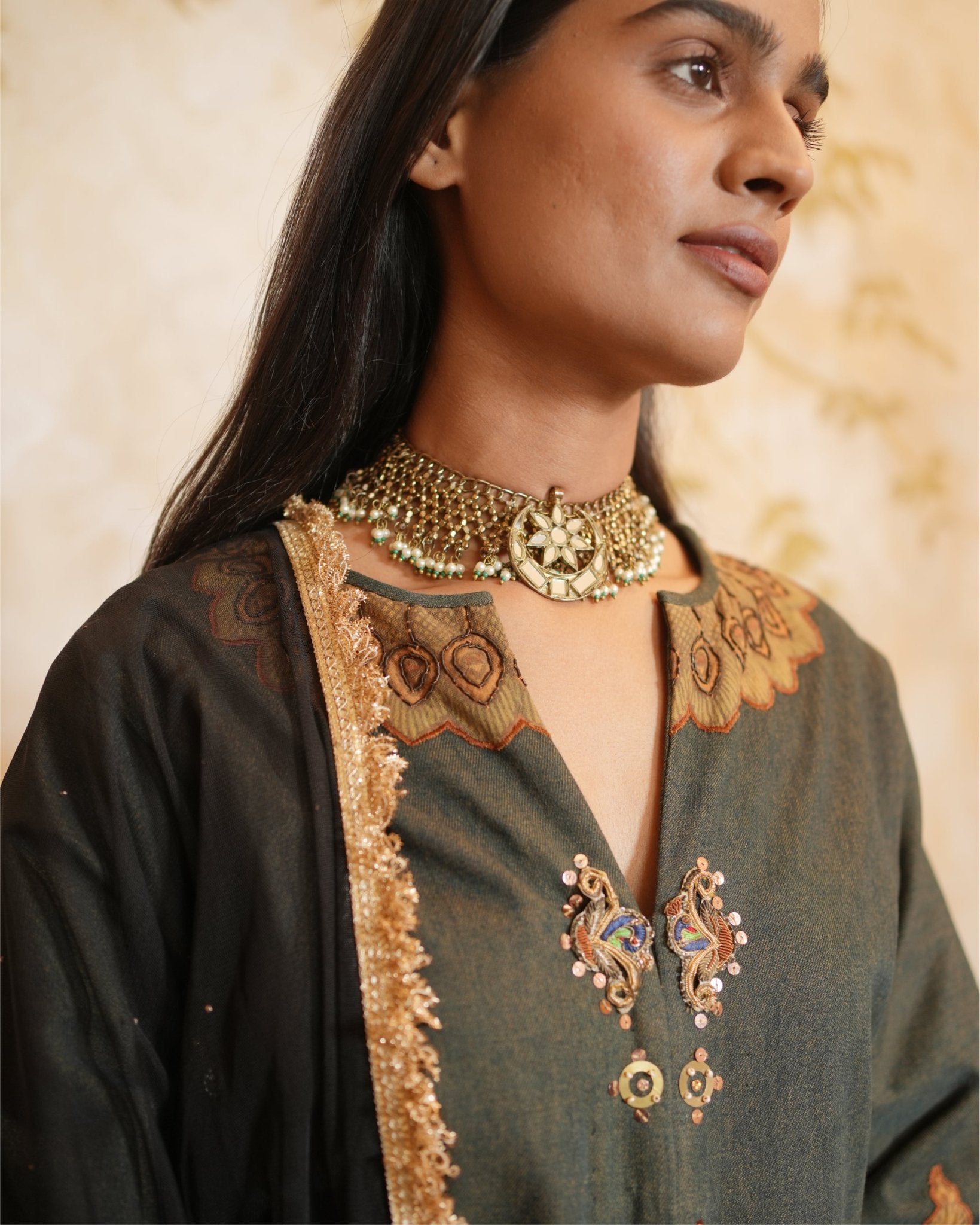Kurta Set Kalamkari - Beige / Black /Gold - Mayura Kumar