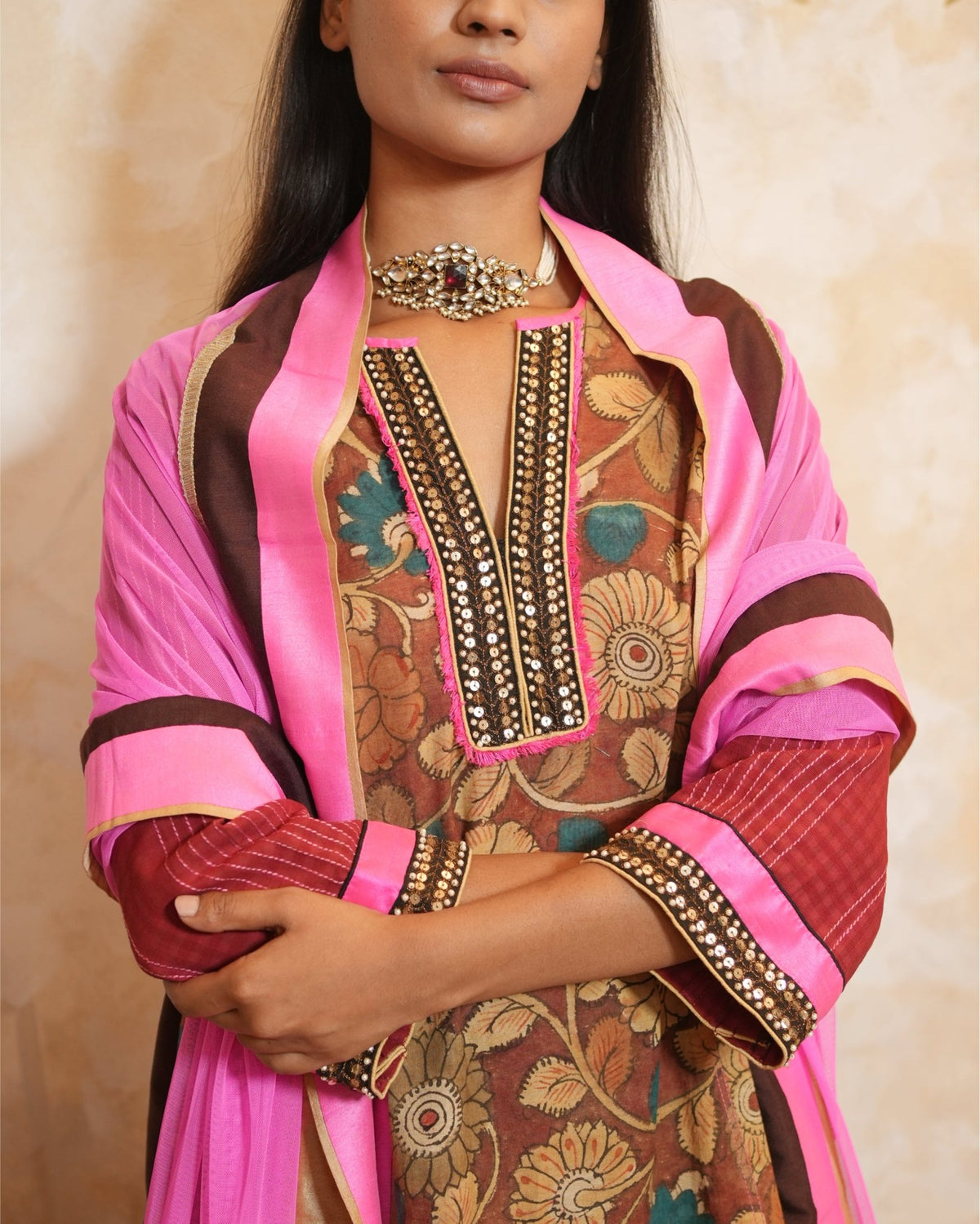 Kurta Set Kalamkari - Hot Pink / Burgundy / Brown - Mayura Kumar