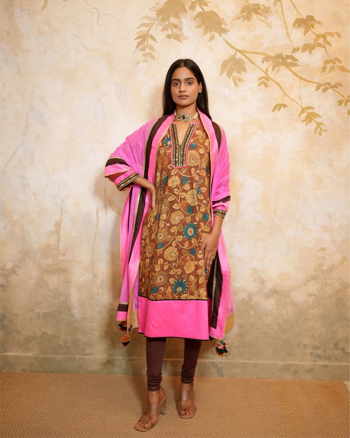 Kurta Set Kalamkari - Hot Pink / Burgundy / Brown - Mayura Kumar
