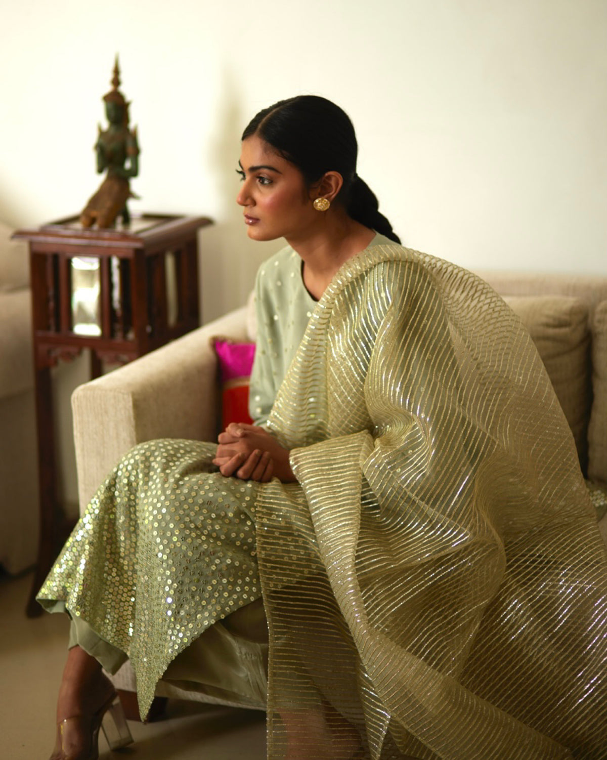 Mayura Kumar sequin stardust kurta set in mint, gold and silver, styled view