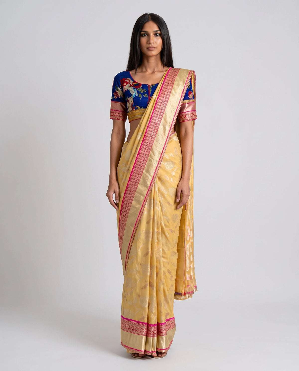 Saree Banarasi Floral - Lemon / Blue / Fuchsia