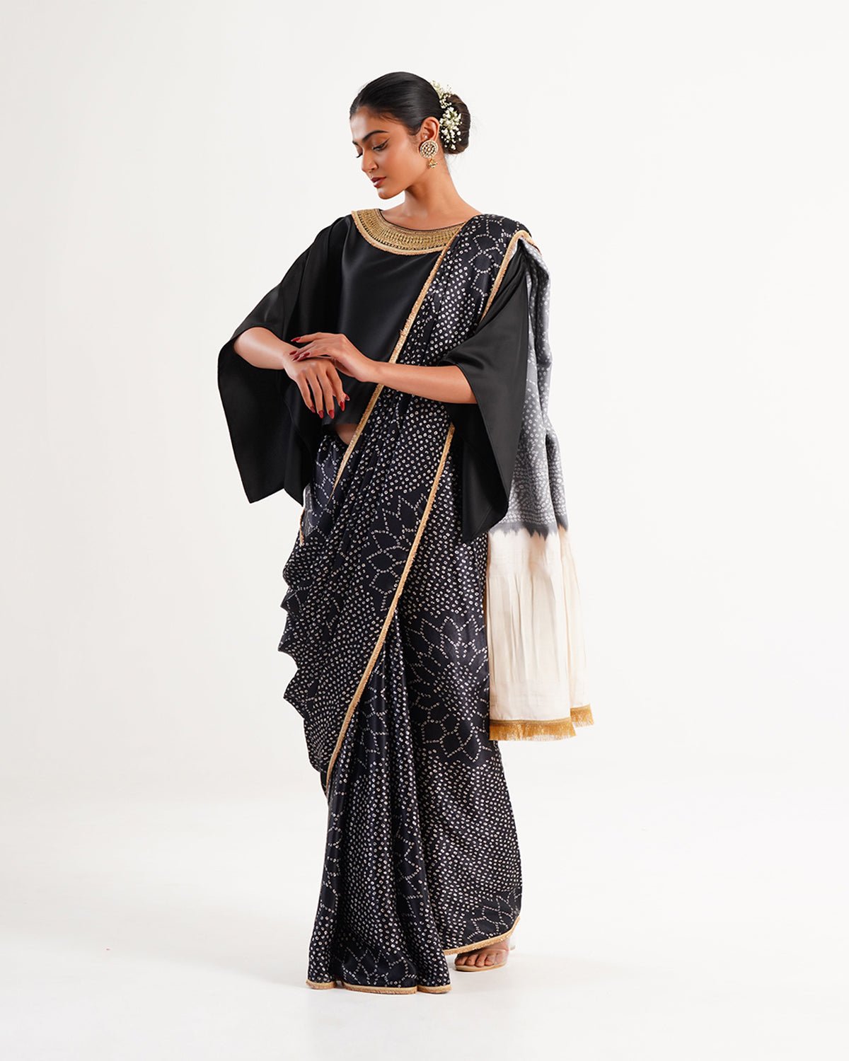 Saree Bandhej Mixology - Black / Ivory /Gold - Mayura Kumar