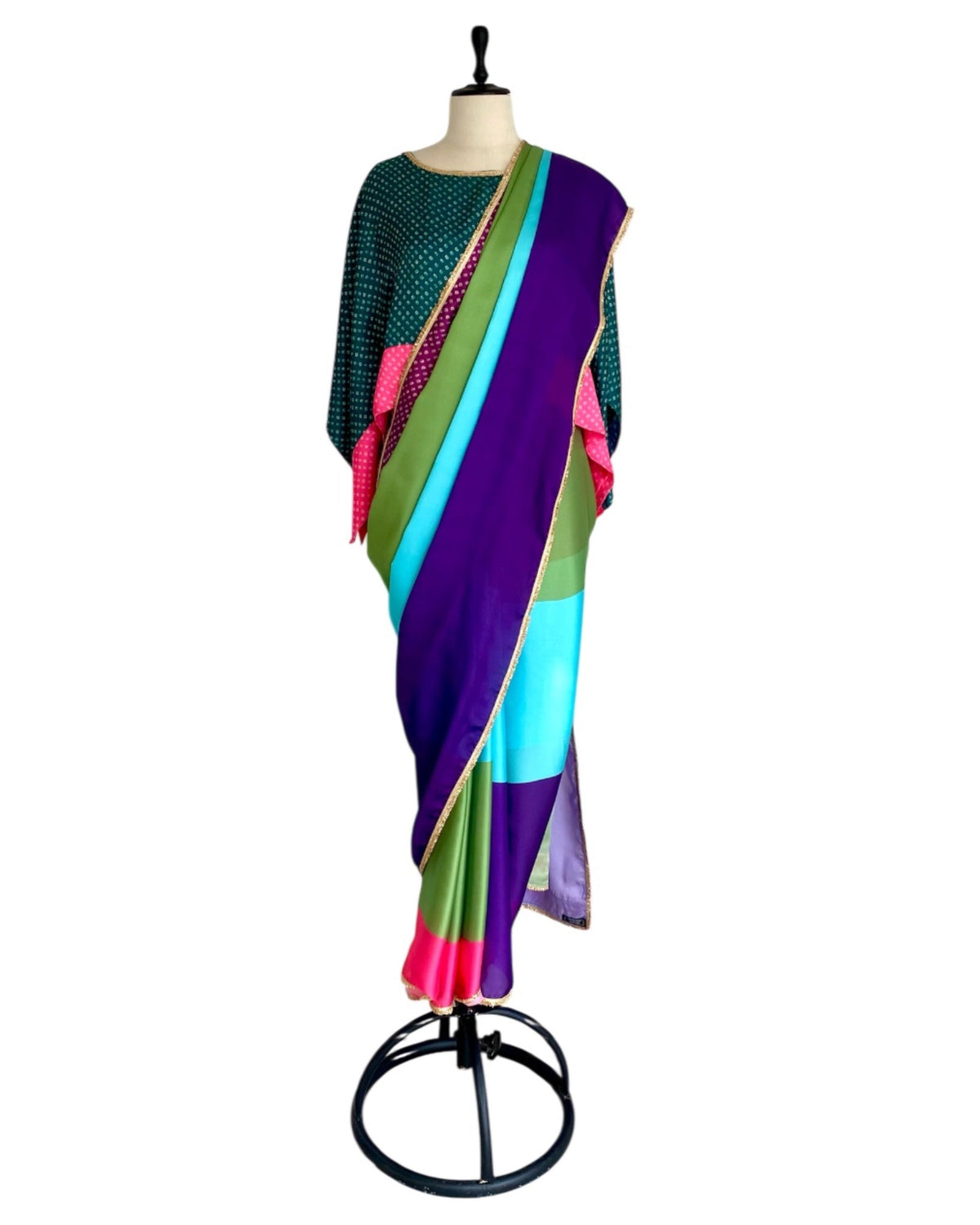 Saree Bandhej Mixology - Green / Pink / Purple - Mayura Kumar
