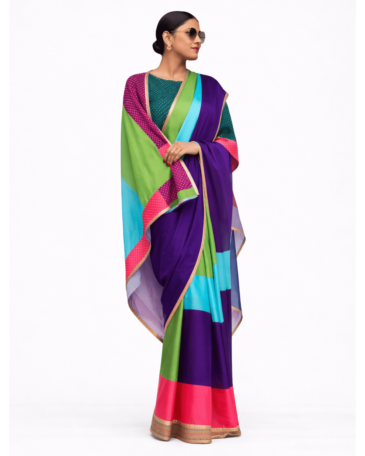 Saree Bandhej Mixology - Green / Pink / Purple - Mayura Kumar