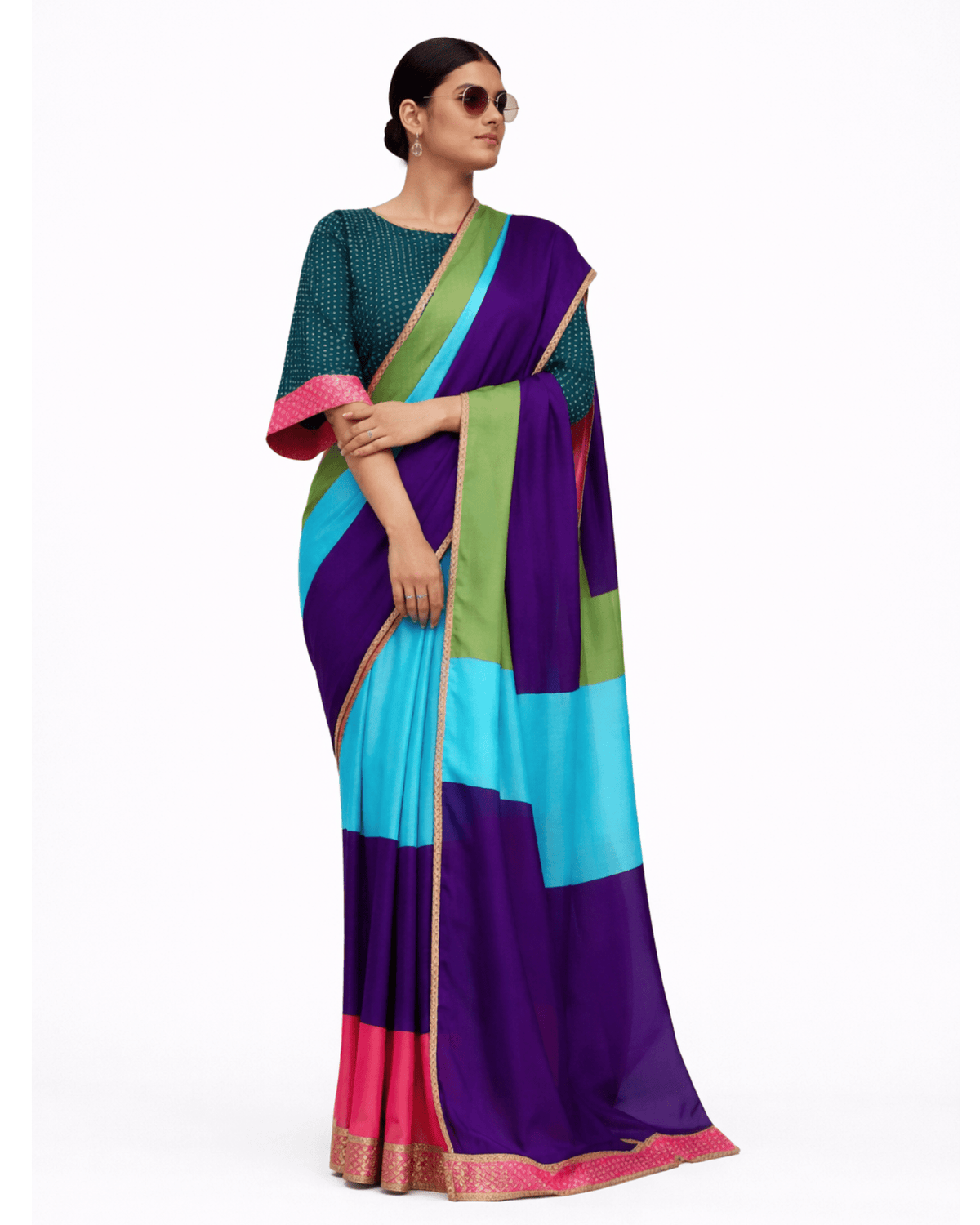 Saree Bandhej Mixology - Green / Pink / Purple - Mayura Kumar