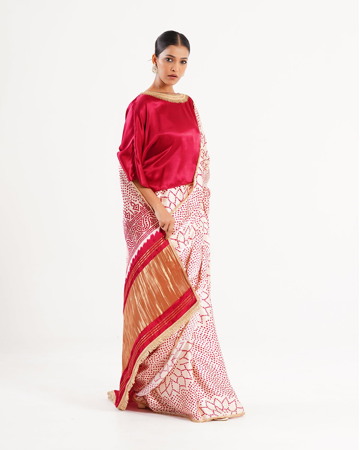 Saree Bandhej Mixology - Red / Ivory / Gold - Mayura Kumar
