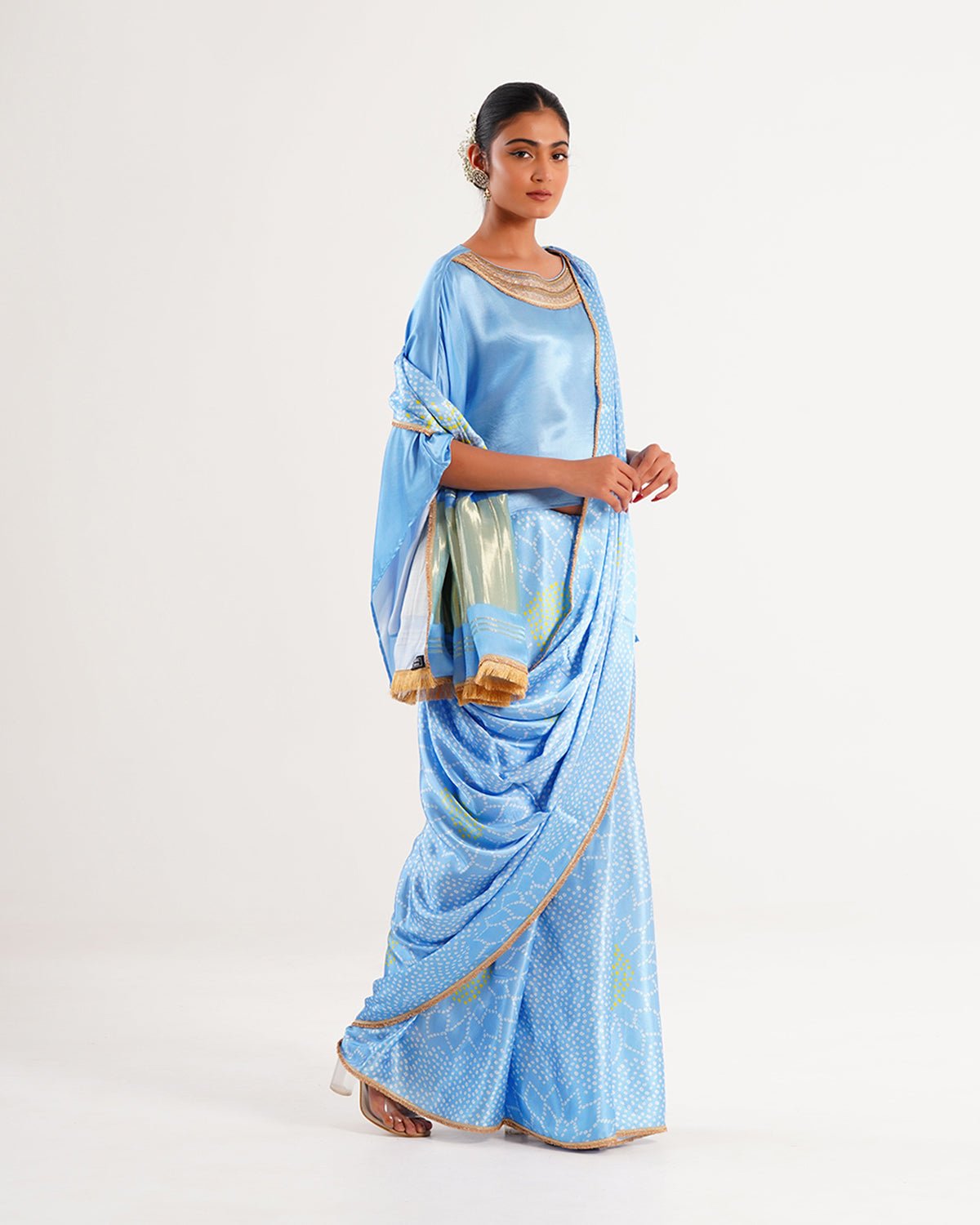 Saree Bandhej Mixology - Sky Blue / Gold - Mayura Kumar