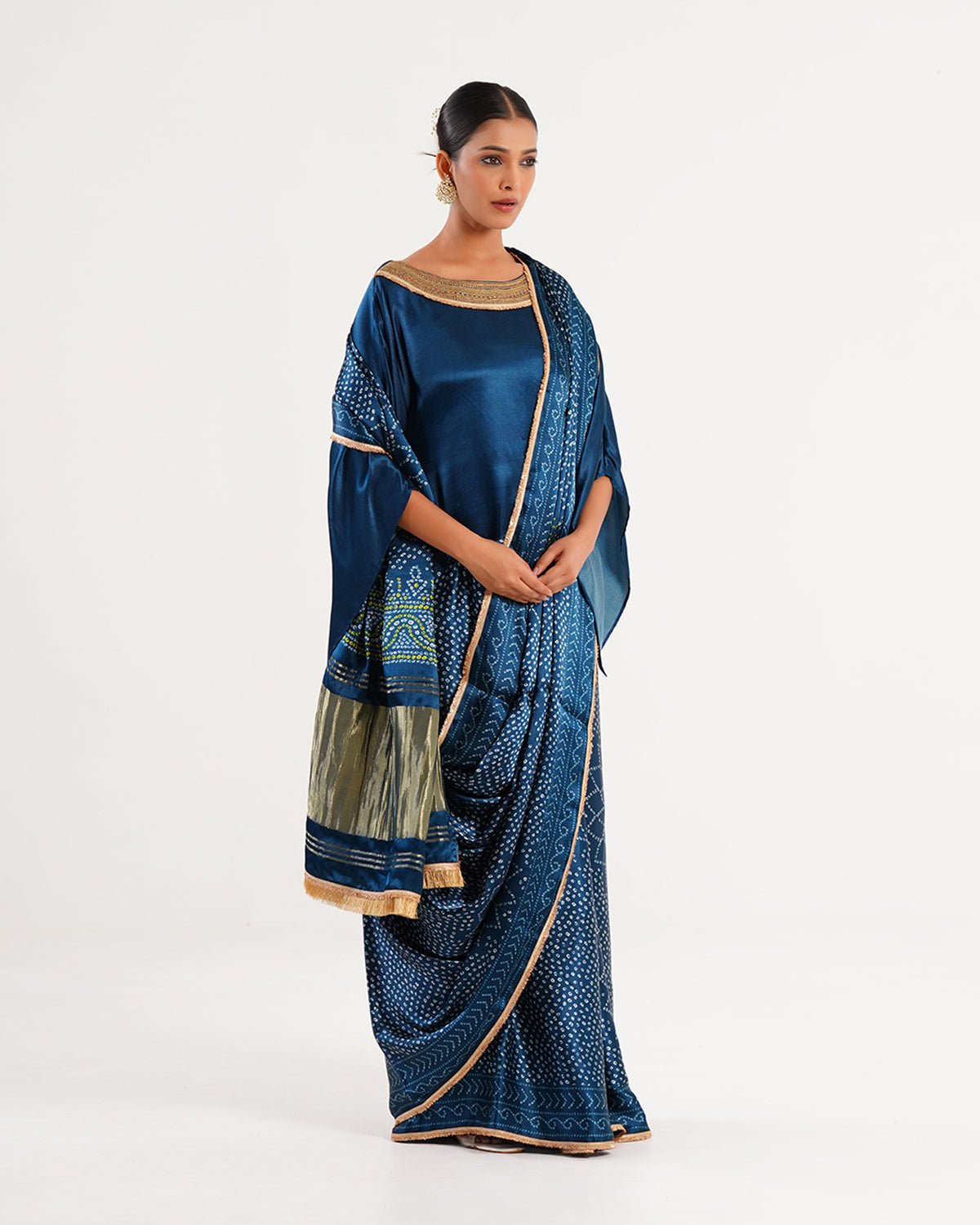 Saree Bandhej Mixology - Teal Blue / Gold - Mayura Kumar