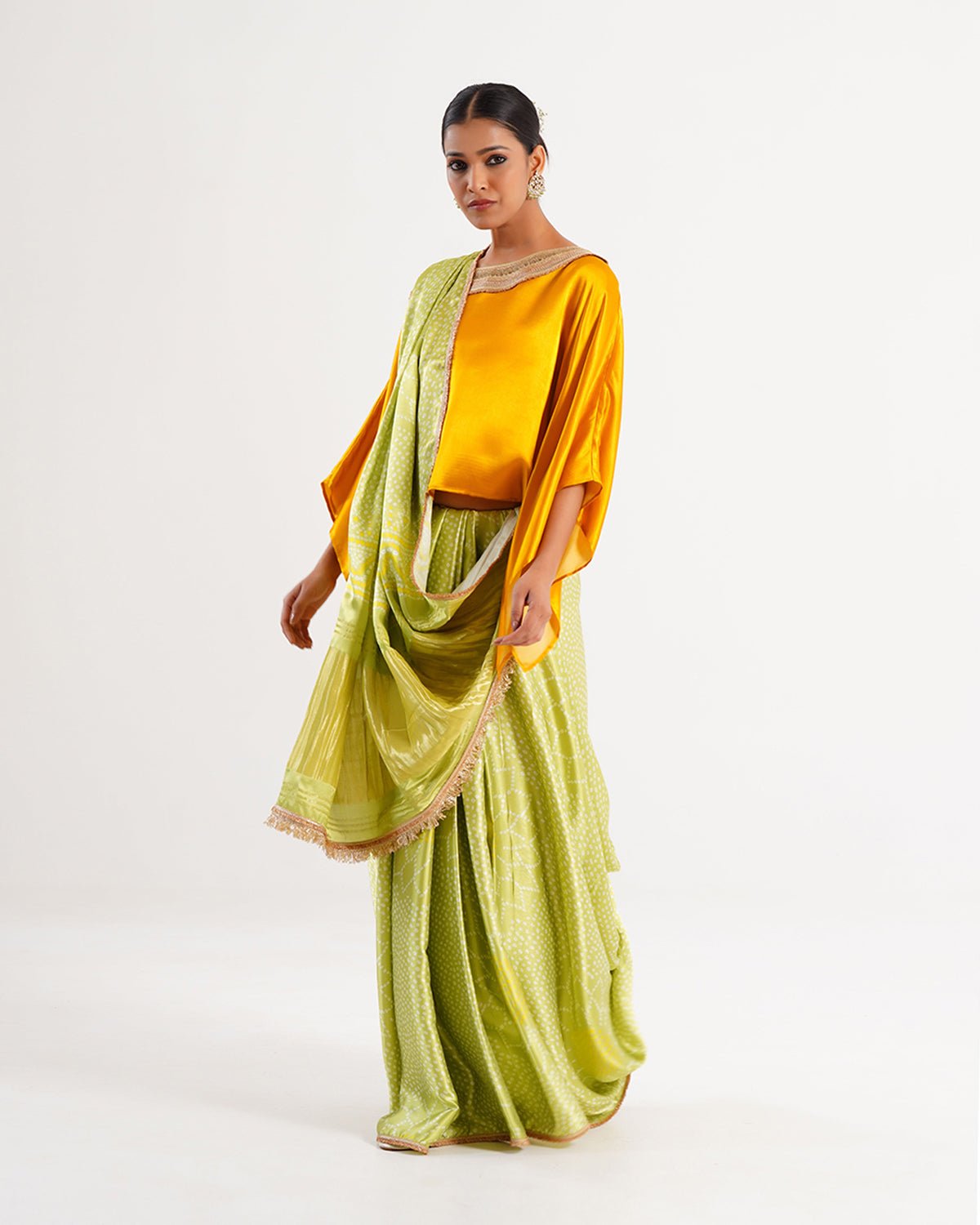 Saree Bandhej Mixology - Yellow / Fresh Green / Gold - Mayura Kumar