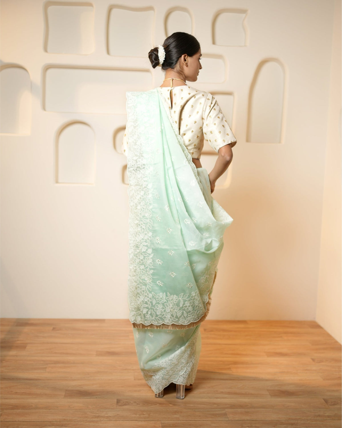 Saree Chikankari - Aqua / Ivory - Mayura Kumar