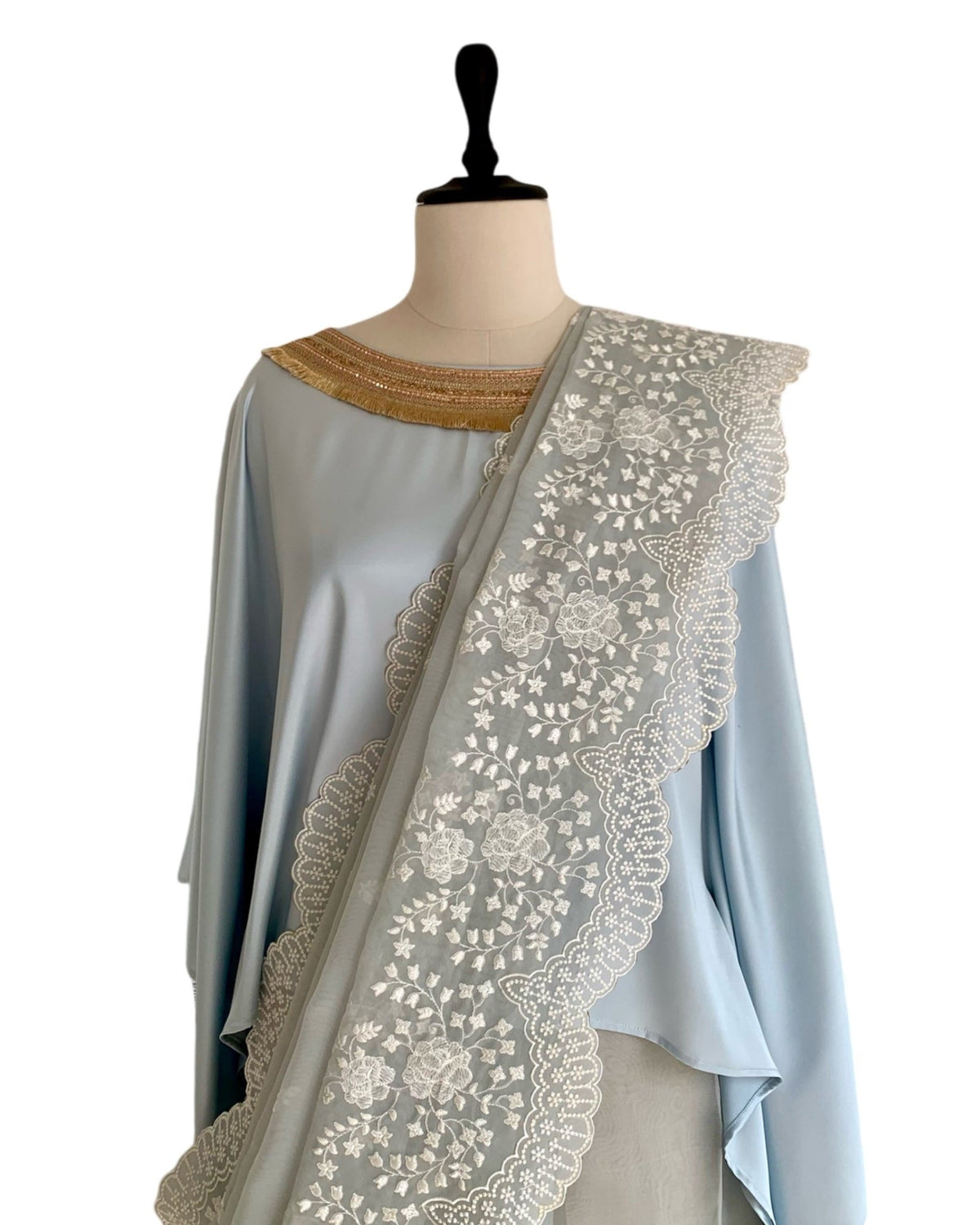 Saree Chikankari - Powder Blue Grey /Ivory /Gold - Mayura Kumar