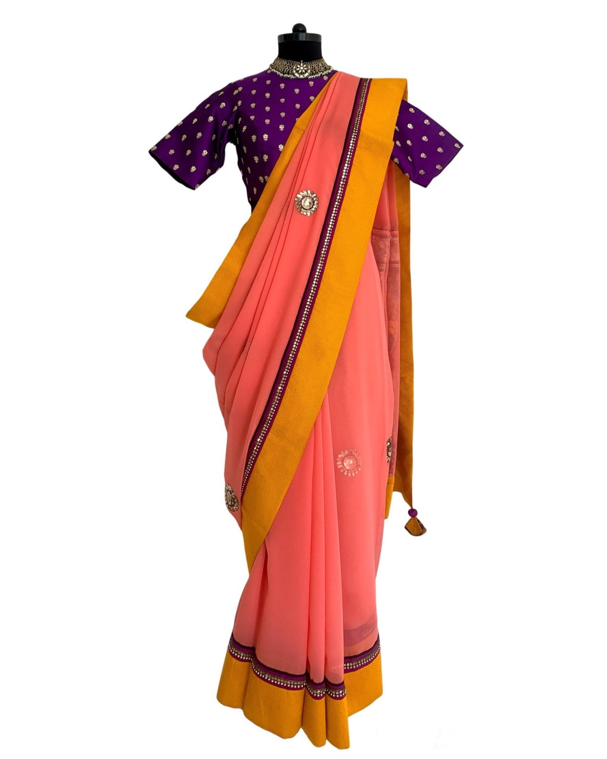 Saree Kalamkari - Peach / Purple / Mustard - Mayura Kumar