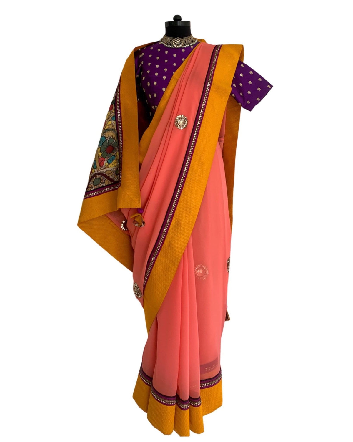 Saree Kalamkari - Peach / Purple / Mustard - Mayura Kumar