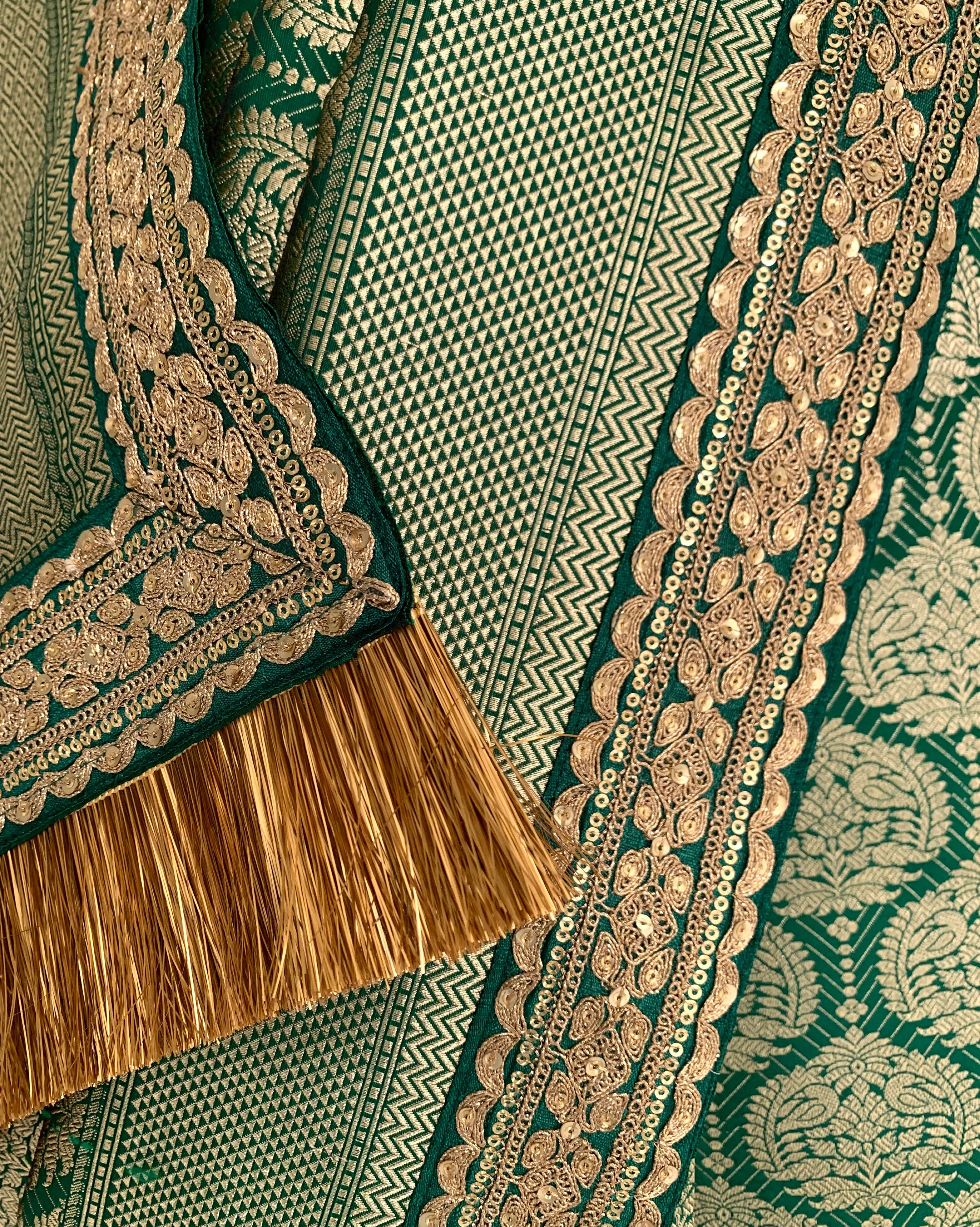 Mayura Kumar Banarasi saree in green and gold, detail view