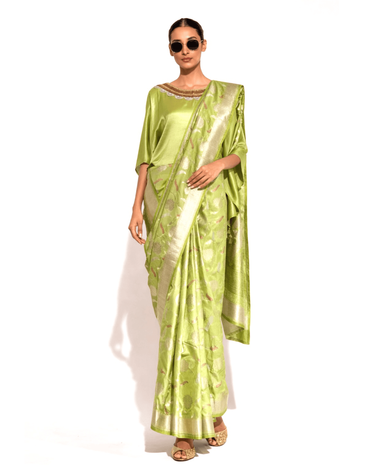 Saree Banarasi - Lime Green / Gold / Silver - Mayura Kumar