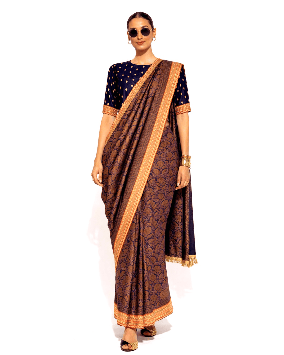 Saree Banarasi - Navy Blue / Orange - Mayura Kumar