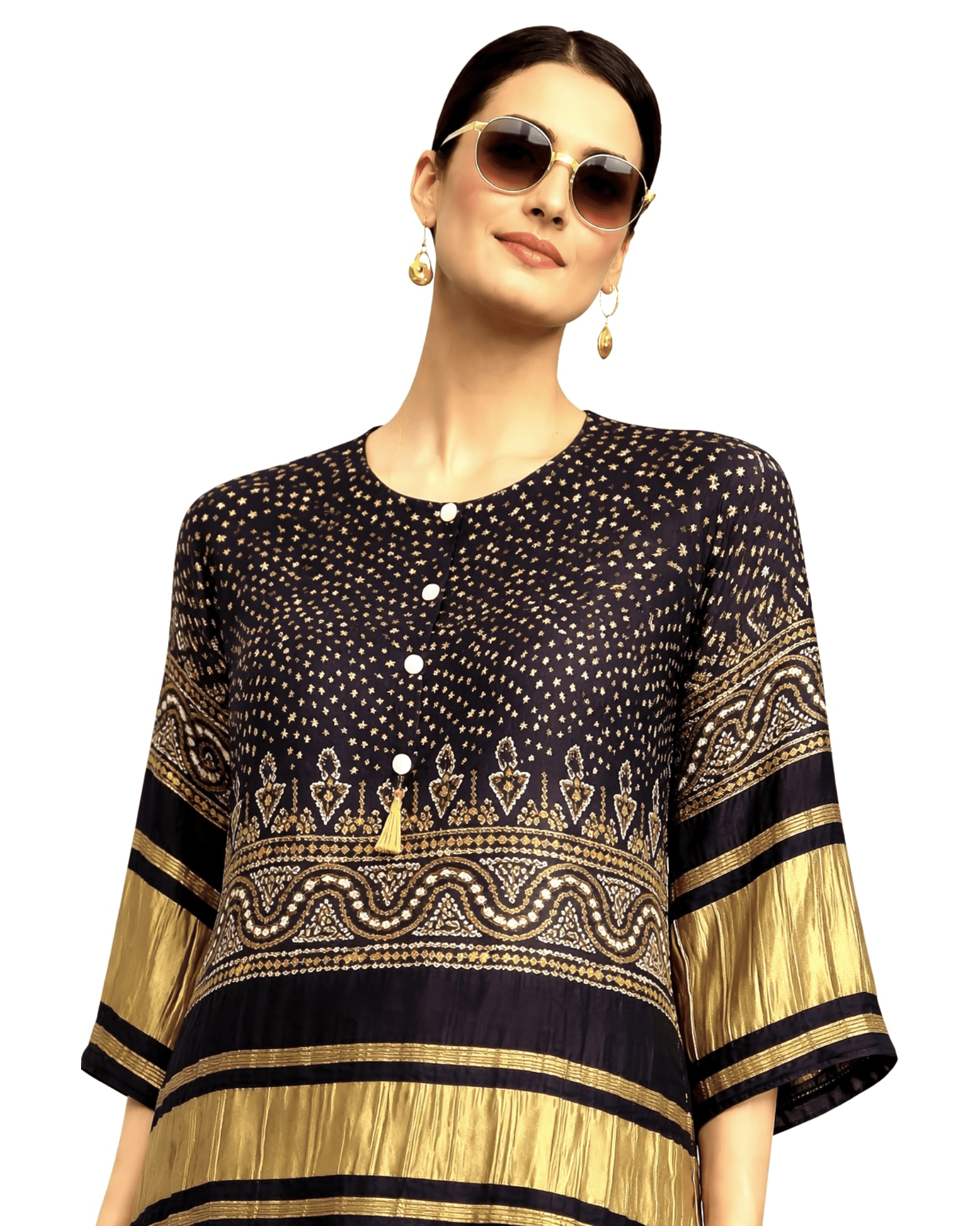 Draped Skirt Kurti Set Bandhej - Black / Gold - Mayura Kumar