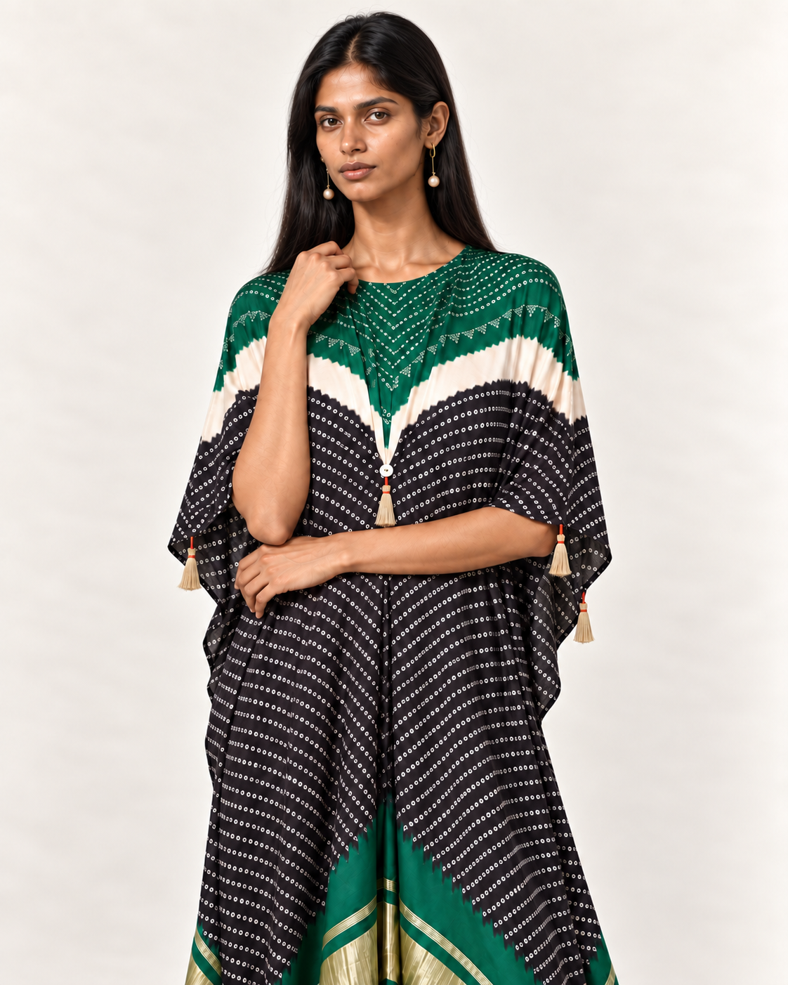 Green, ivory and black Bandhej kaftan on model, zoomed front view