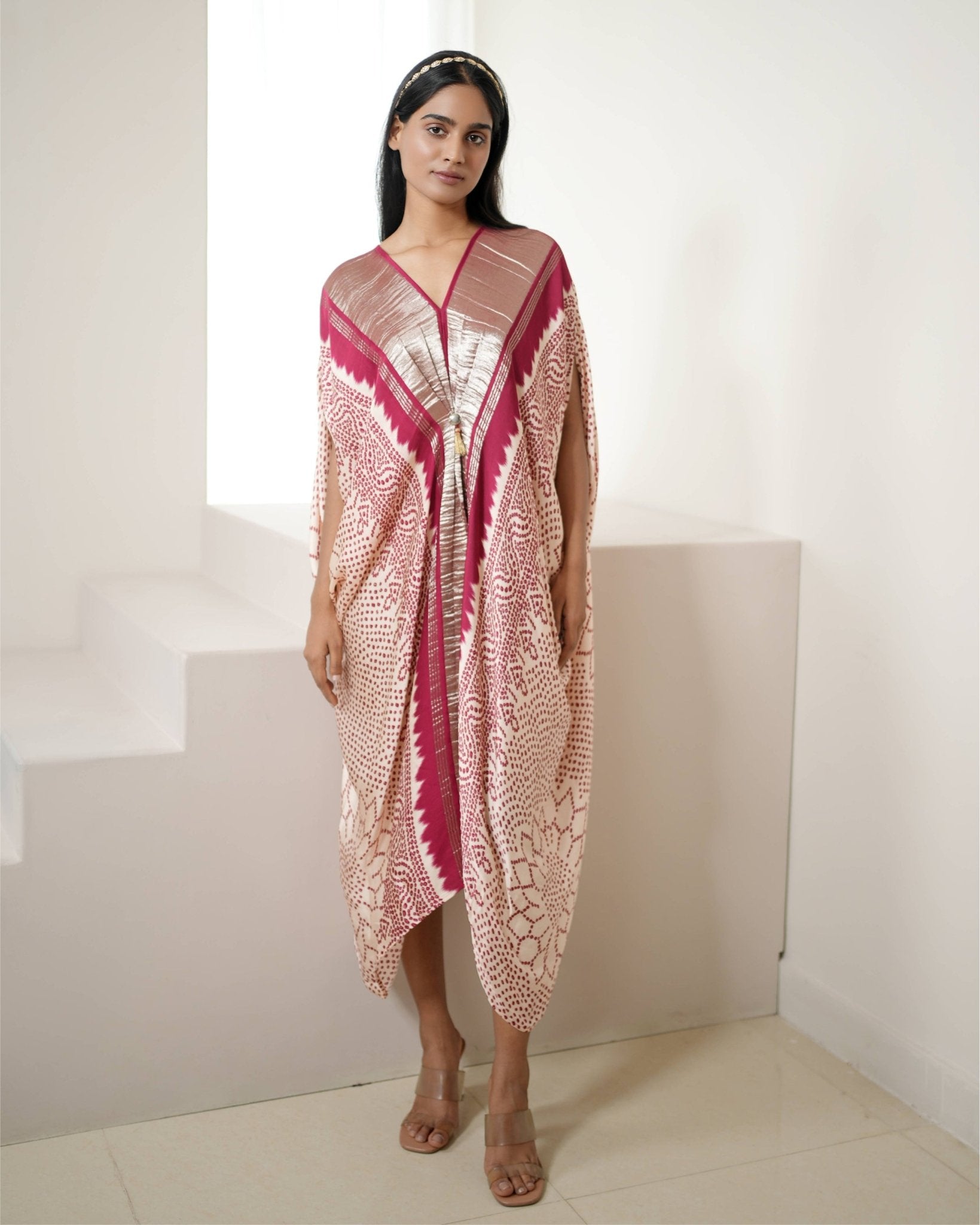 Kaftan Bandhej - Ivory / Red / Gold - Mayura Kumar