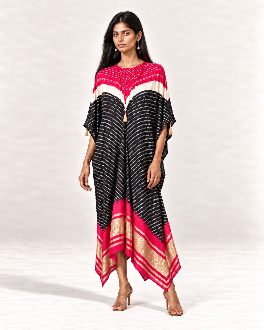 Pink, ivory and black Bandhej kaftan on model, front view