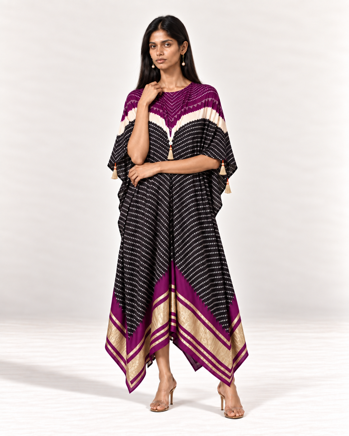 Purple, ivory and black Bandhej kaftan on model, zoomed front view