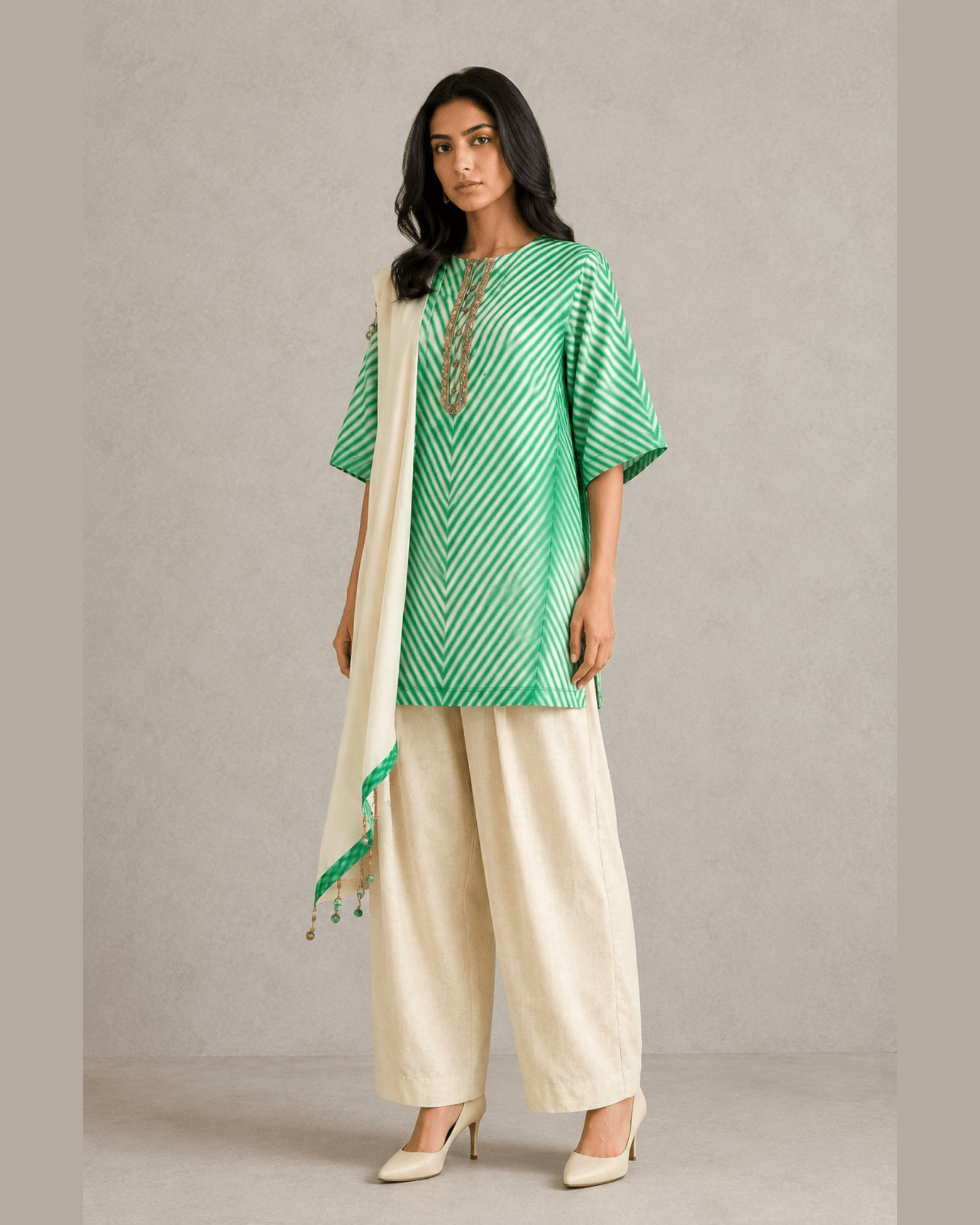 Kurta Set Arashi Shibori - Ivory/Green - Mayura Kumar