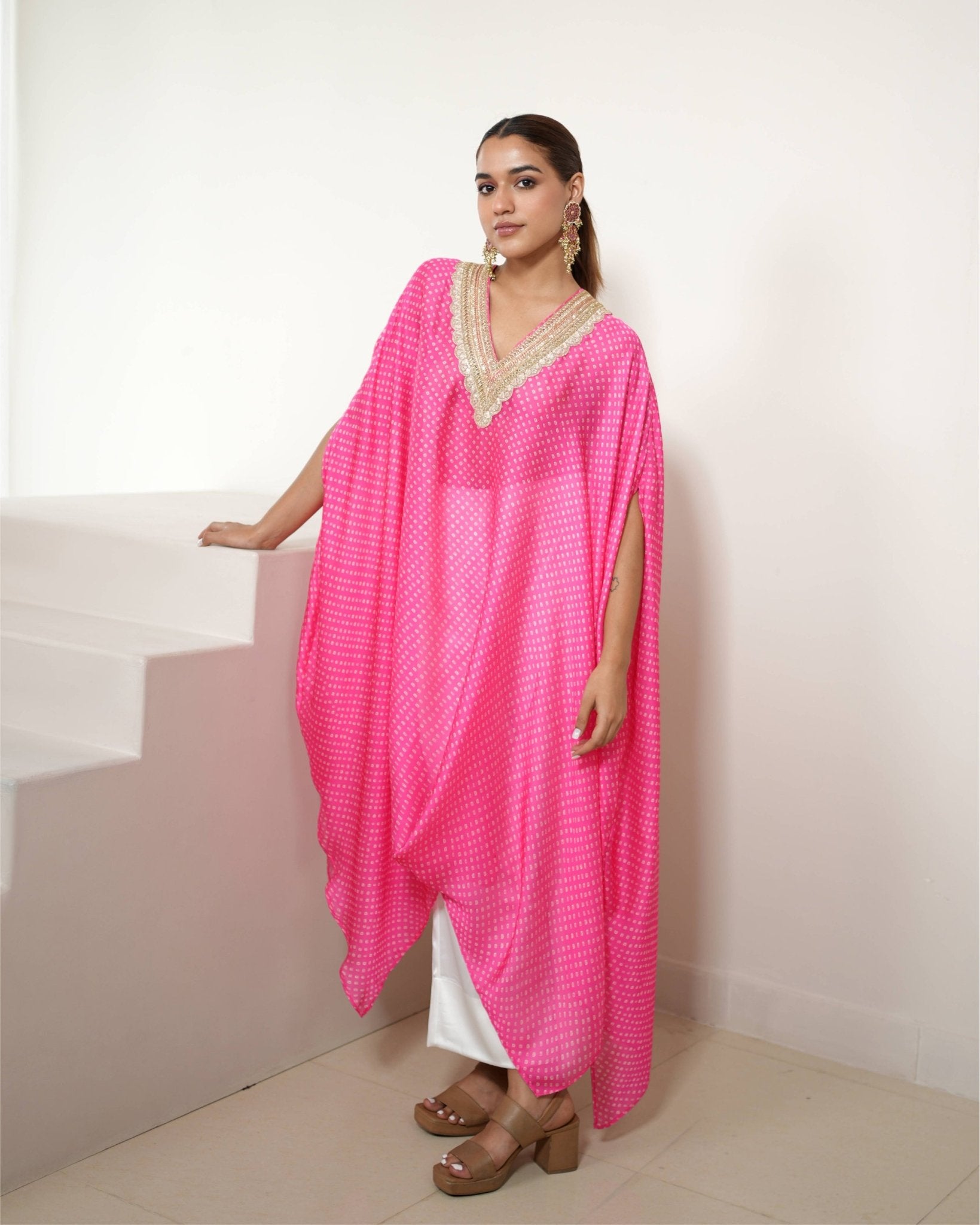 Kurta Set Bandhej - Fuchsia Pink / Ivory / Gold - Mayura Kumar