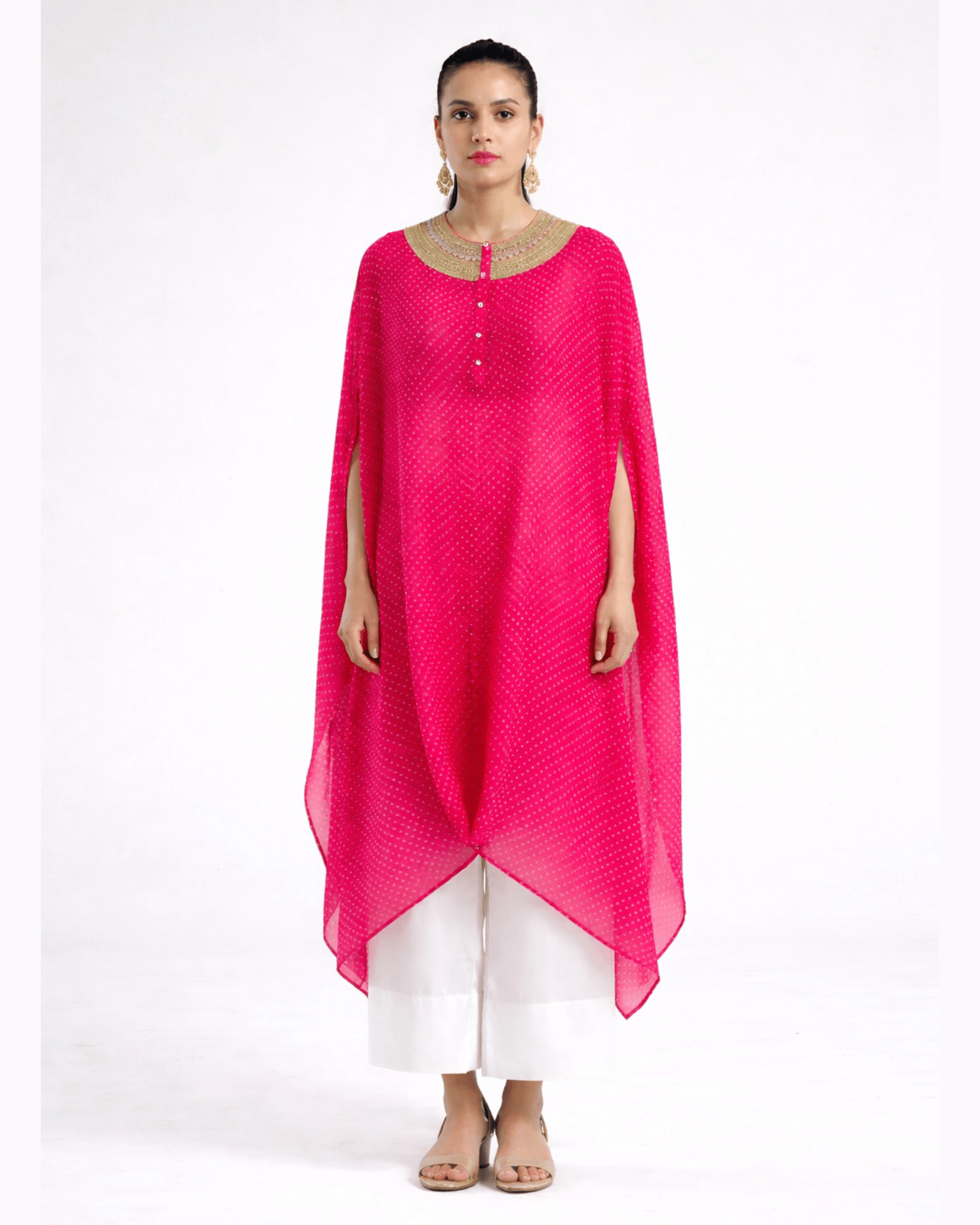 Kurta Set Bandhej - Fuchsia Pink / Ivory / Gold - Mayura Kumar