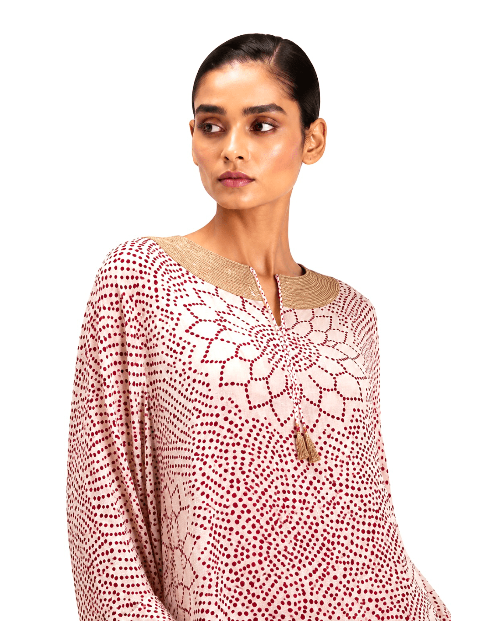 Kurta Set Bandhej - Ivory / Burgundy Red / Gold - Mayura Kumar