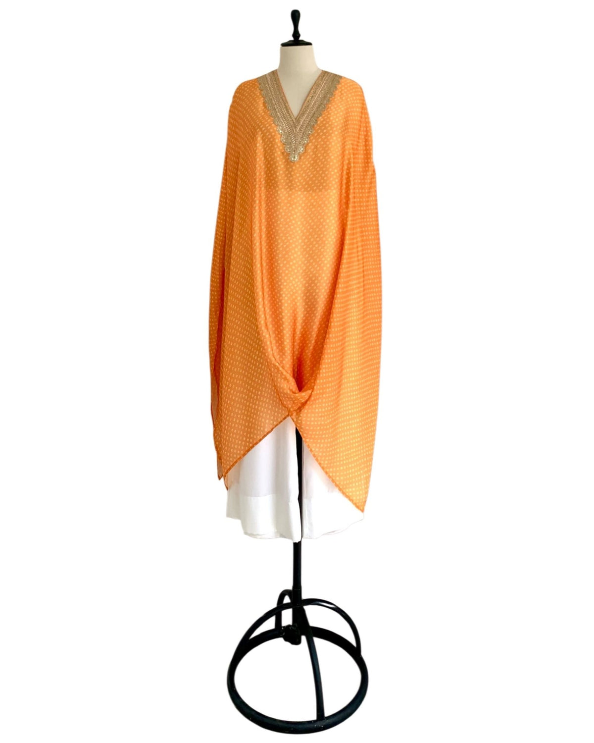 Kurta Set Bandhej - Mango Orange / Ivory / Gold - Mayura Kumar