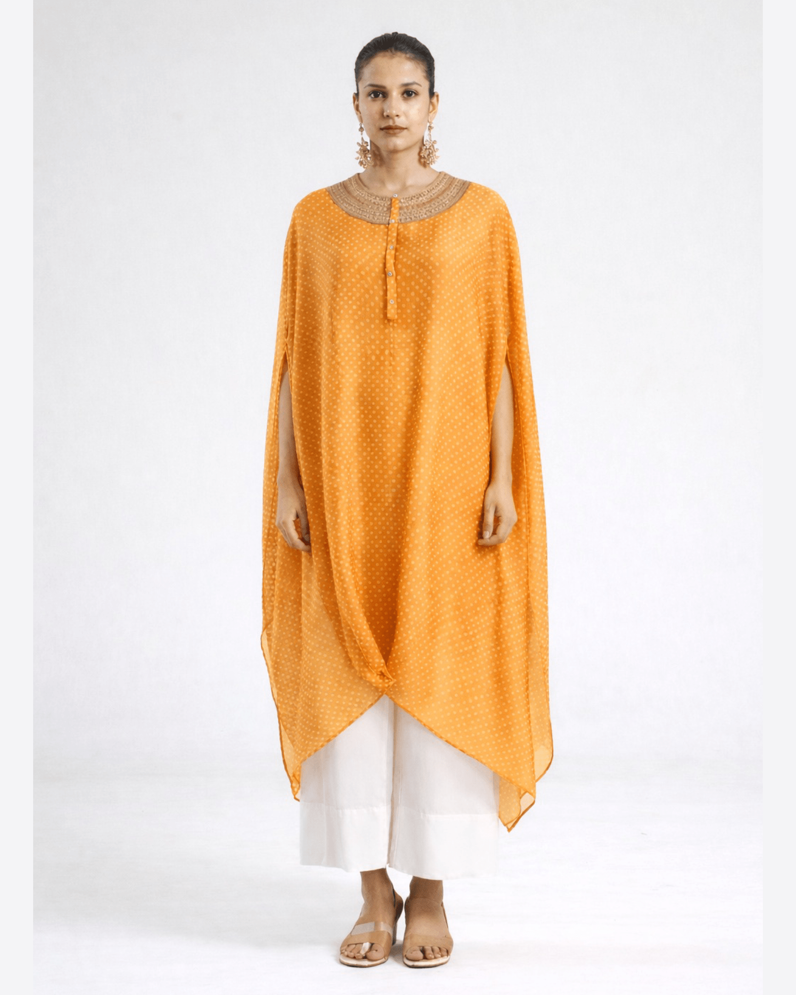 Kurta Set Bandhej - Mango Orange / Ivory / Gold - Mayura Kumar