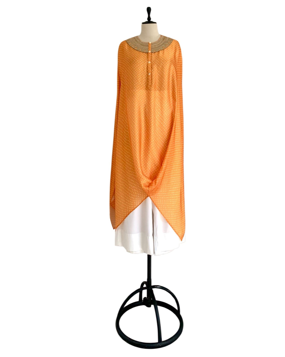 Kurta Set Bandhej - Mango Orange / Ivory / Gold - Mayura Kumar
