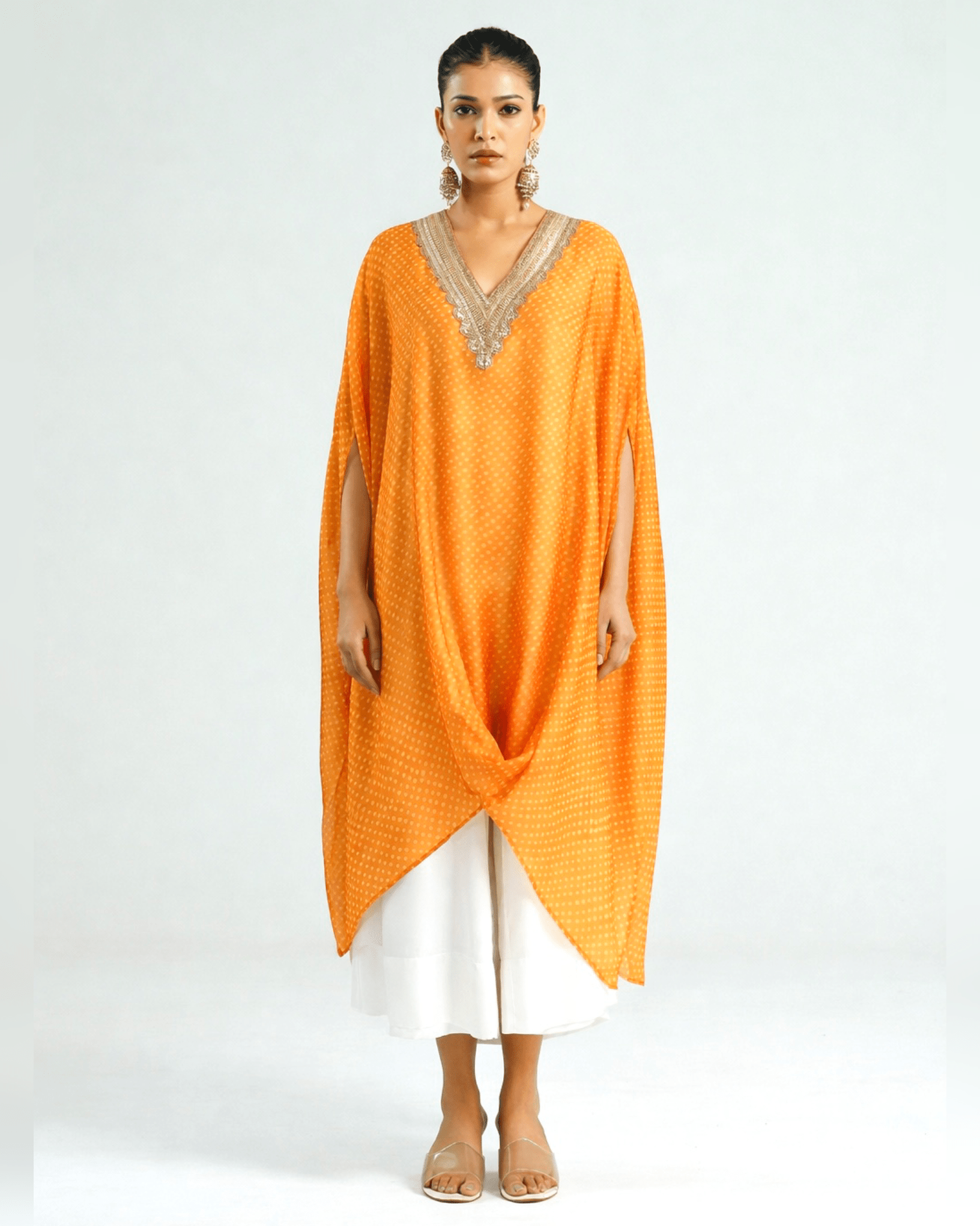 Kurta Set Bandhej - Mango Orange / Ivory / Gold - Mayura Kumar