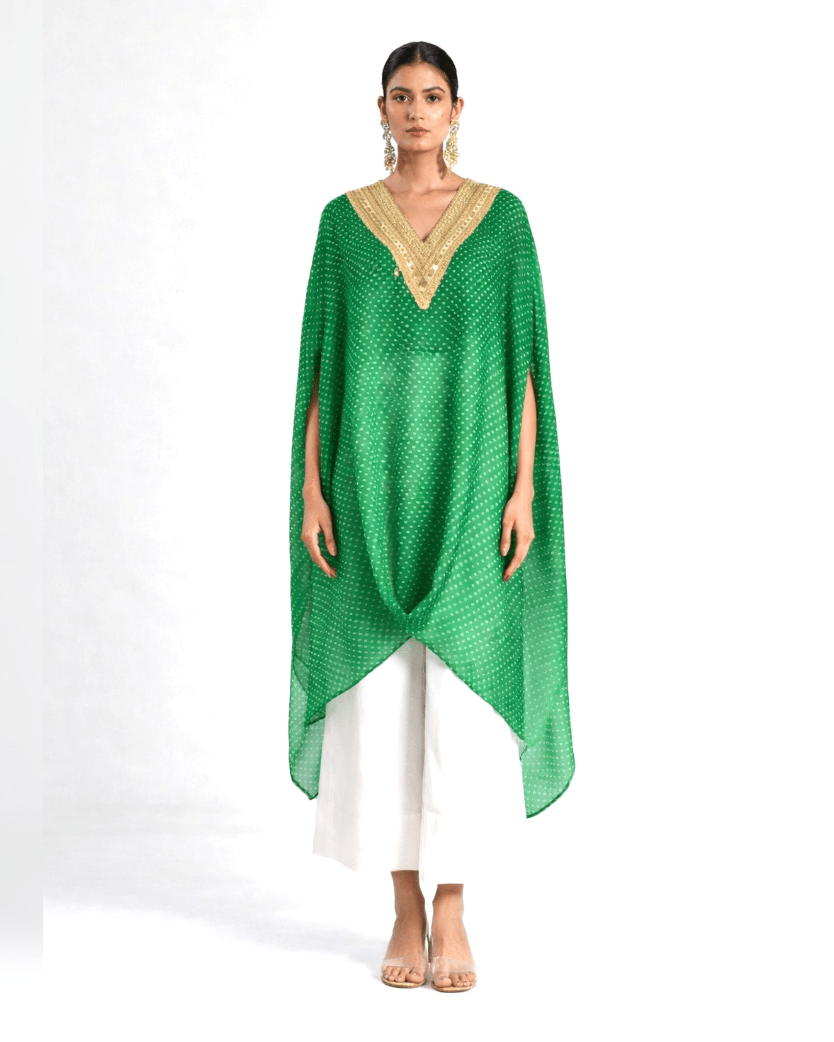 Kurta Set Bandhej - Parrot Green / Ivory / Gold - Mayura Kumar