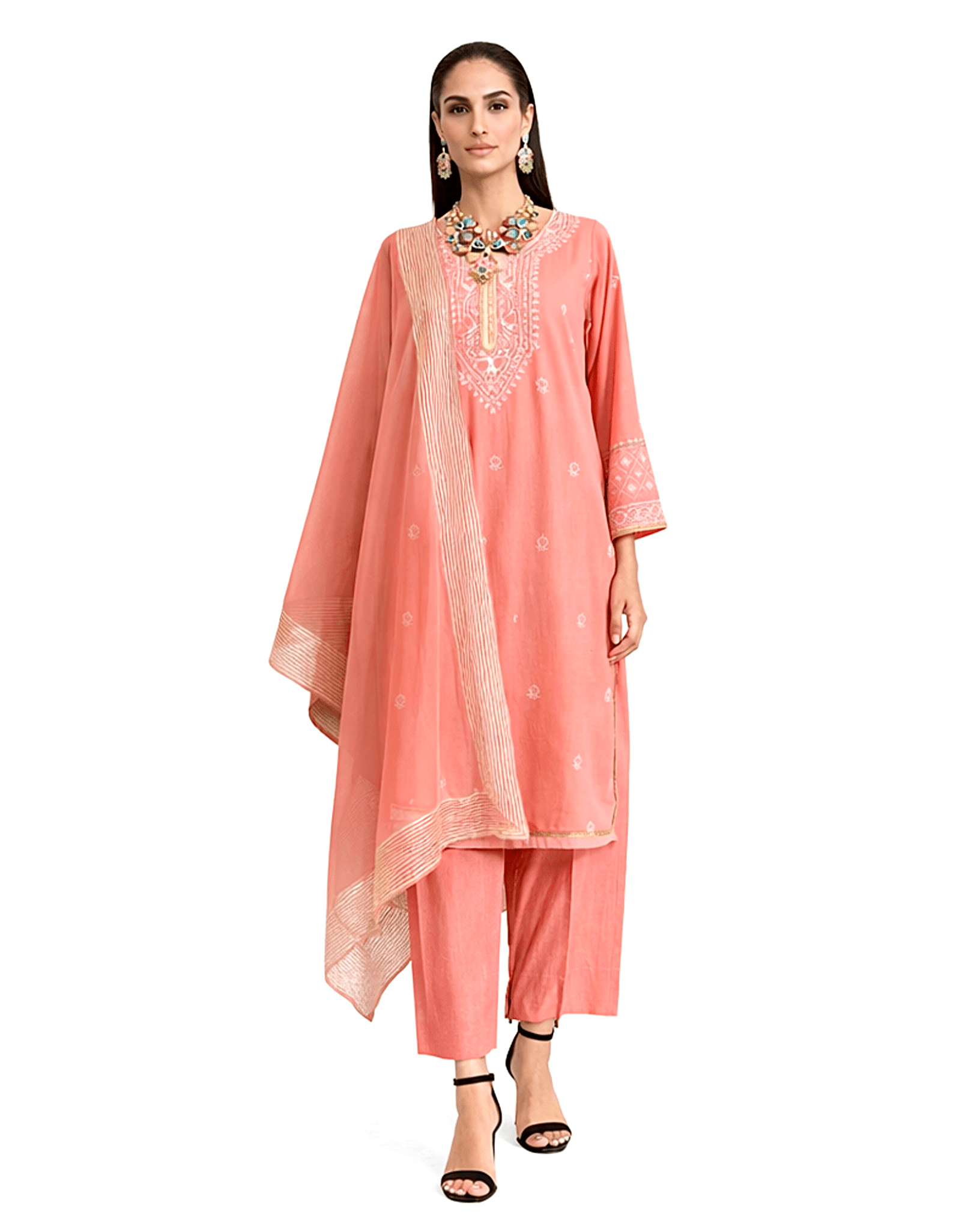 Kurta Set Chikankari - Coral Orange/ Gold / Silver - Mayura Kumar